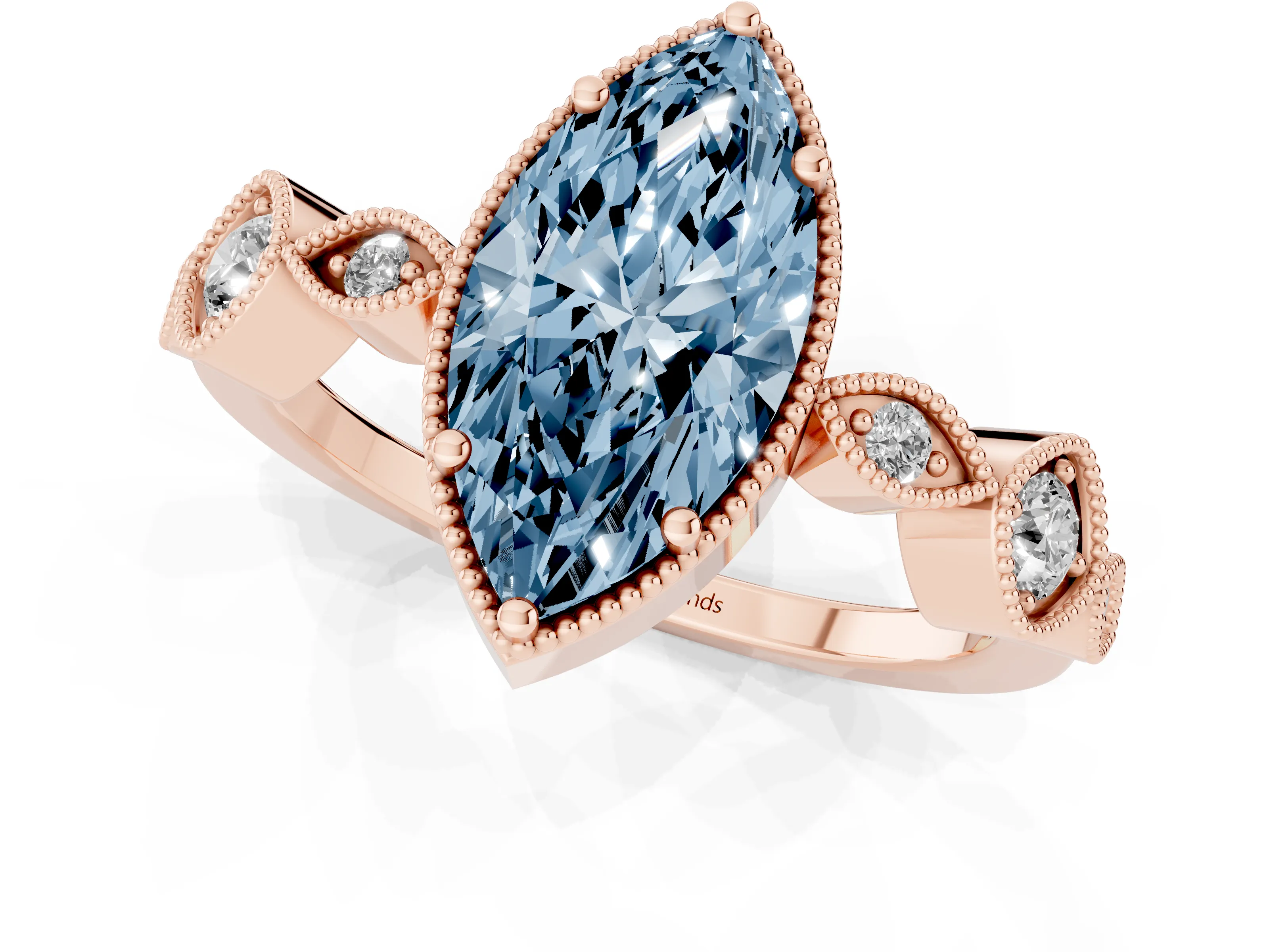 Fancy Blue Marquise Cut Diamond Vintage-Inspired Milgrain Ring Set in Rose gold with Marquise Stations of Round Accents
