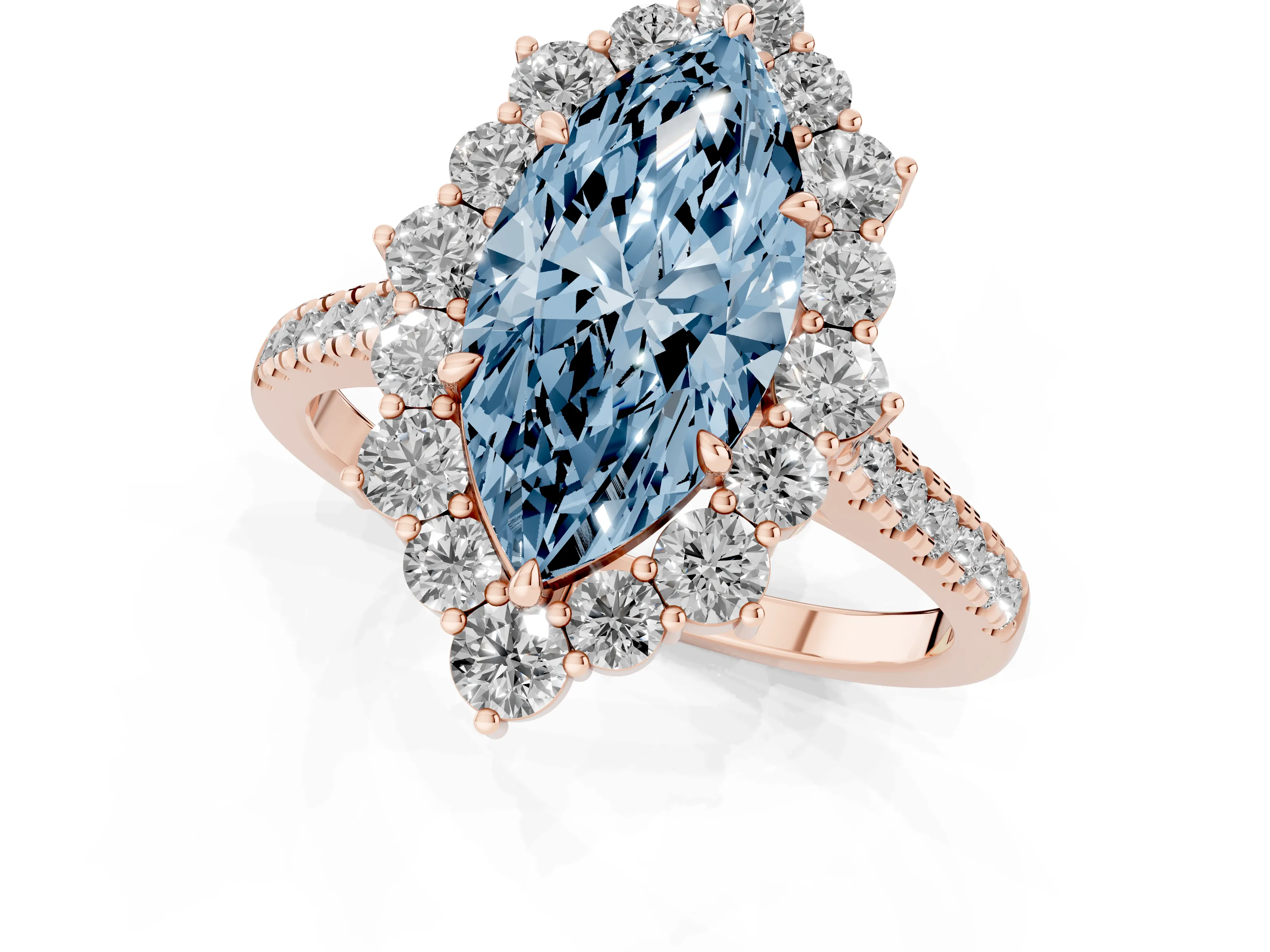 Fancy Blue Marquise Cut Diamond Halo Ring Set in Rose gold with Pavé Band and Prong Setting