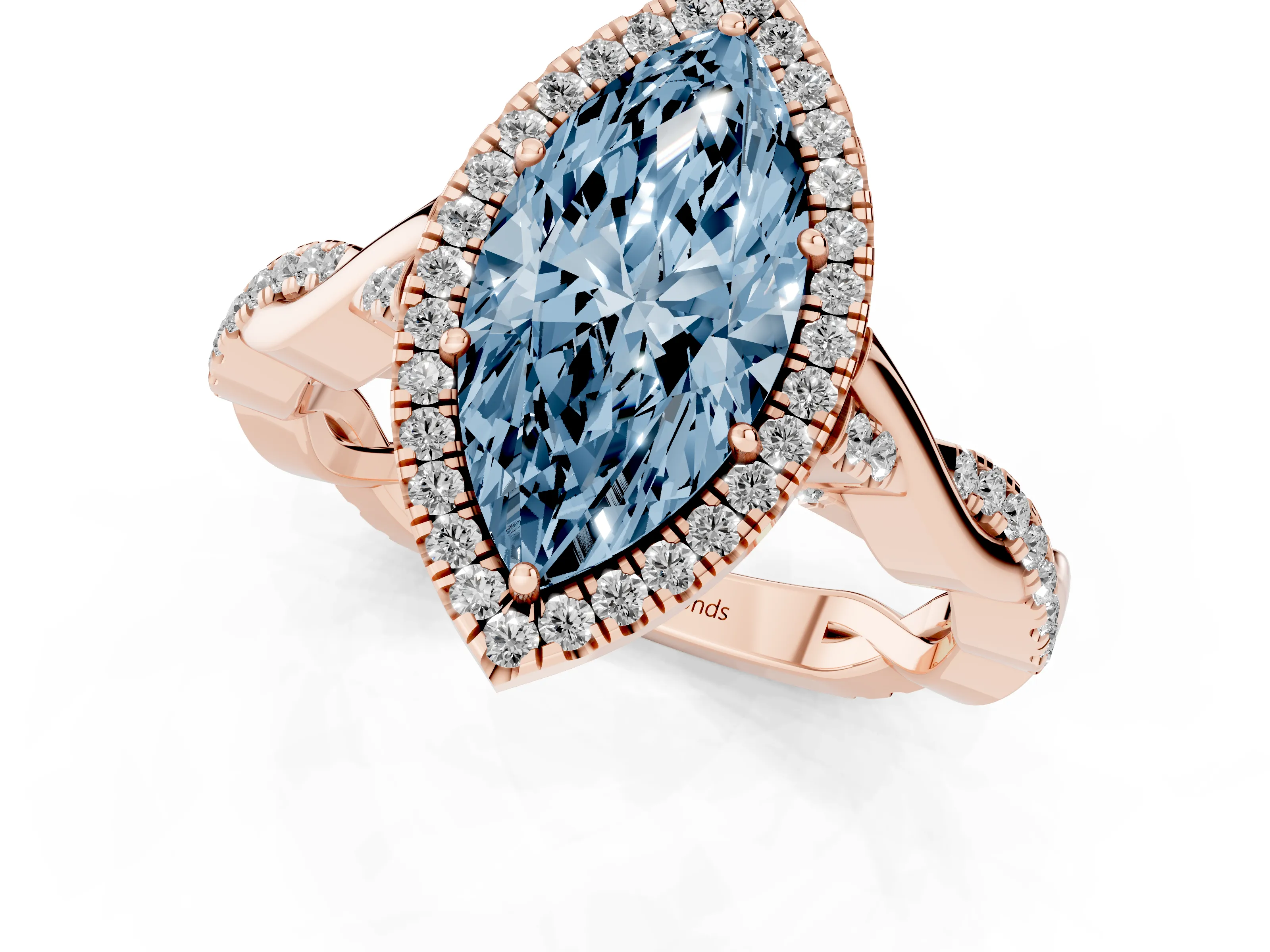Fancy Blue Marquise Cut Diamond Halo Twist Band Solitaire Ring Set in Rose gold with Prong Setting