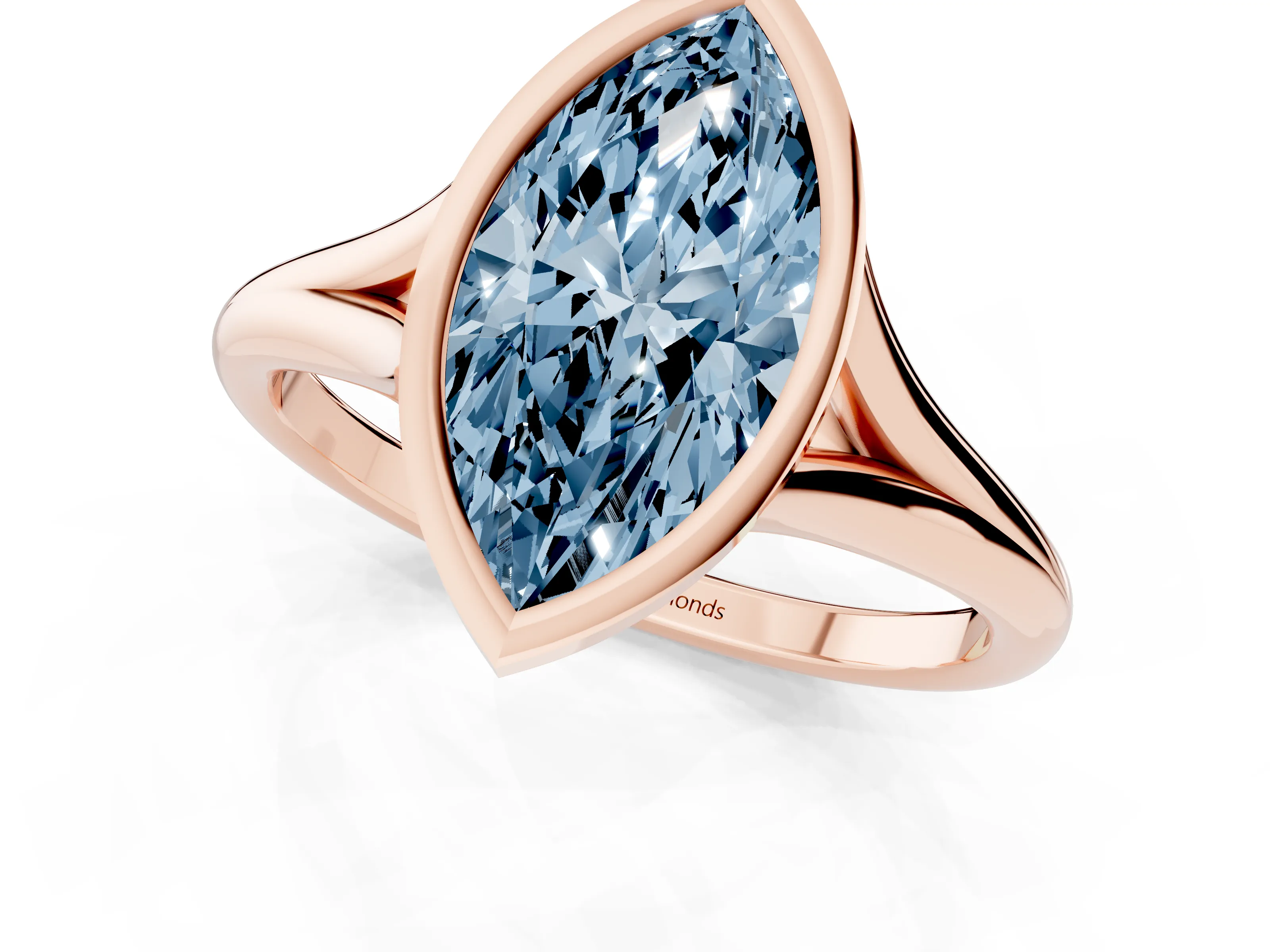 Fancy Blue Bezel Set Marquise Cut Diamond Solitaire Ring Set in Rose gold with Tapered Band