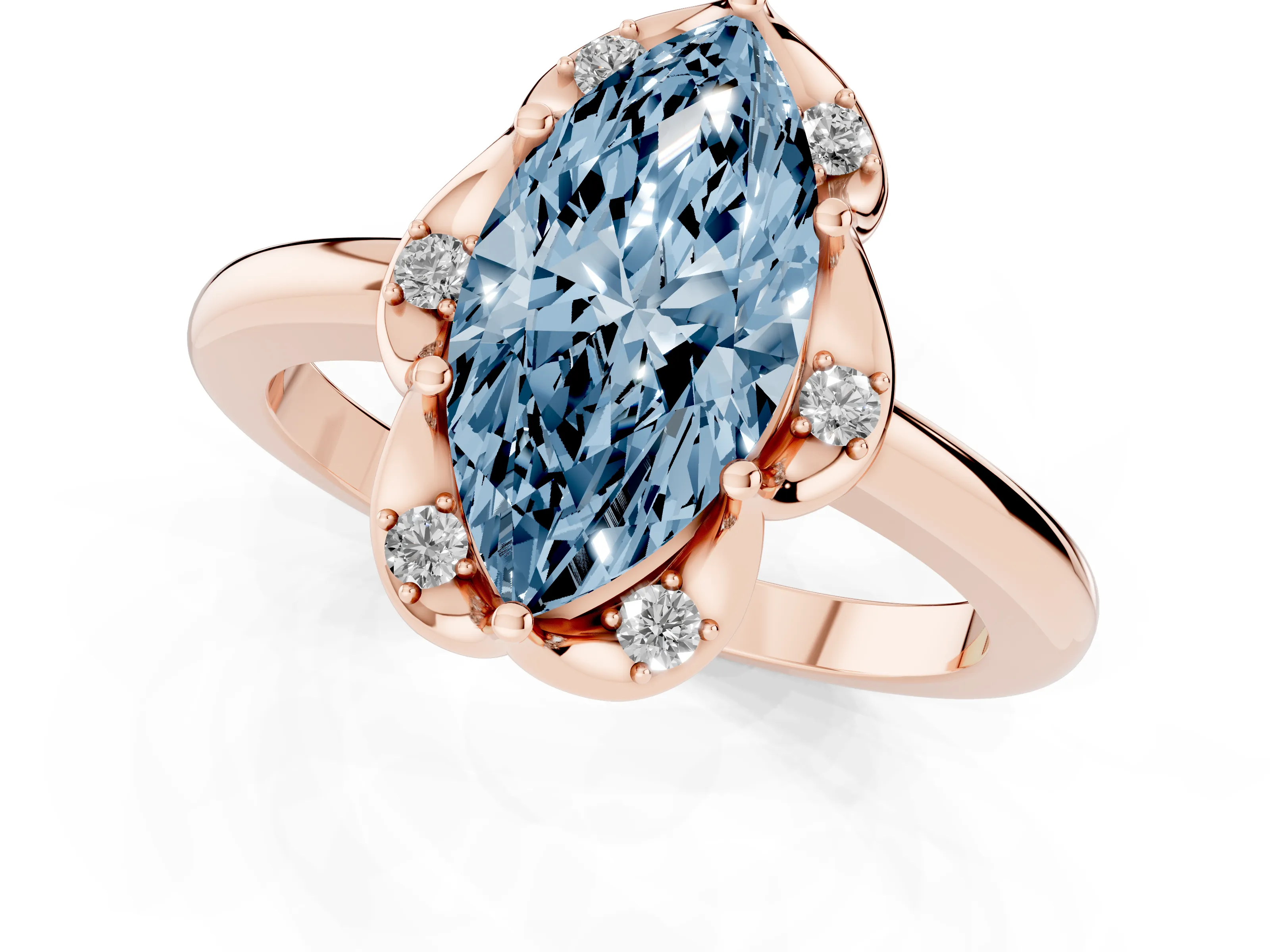 Fancy Blue Marquise Cut Diamond Round Cluster Halo Ring Set in Rose gold with Solitaire Band and Prong Setting