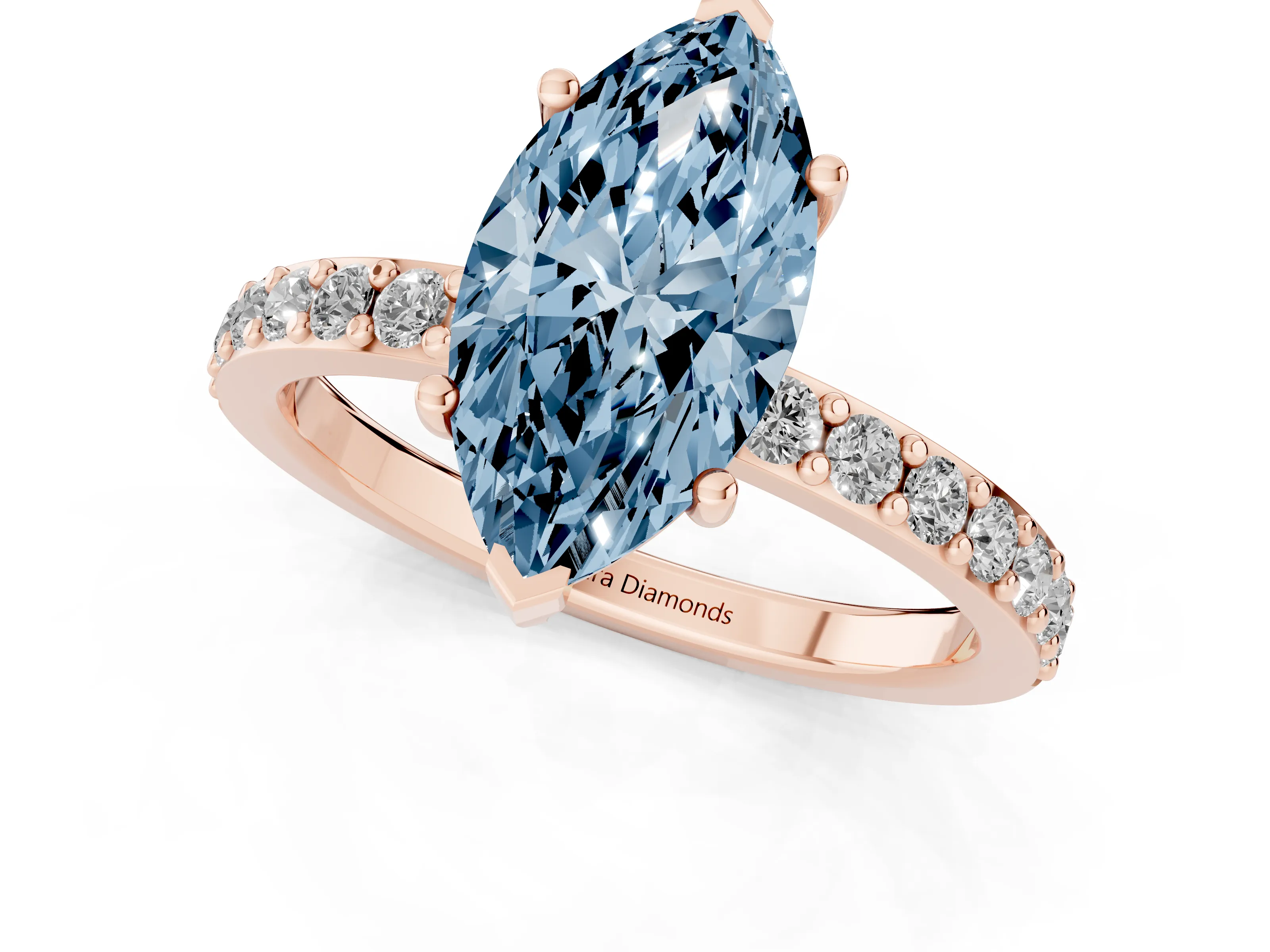 Fancy Blue Marquise Cut Diamond Solitaire Set in Rose gold with Round Pavé Band and Prong Setting