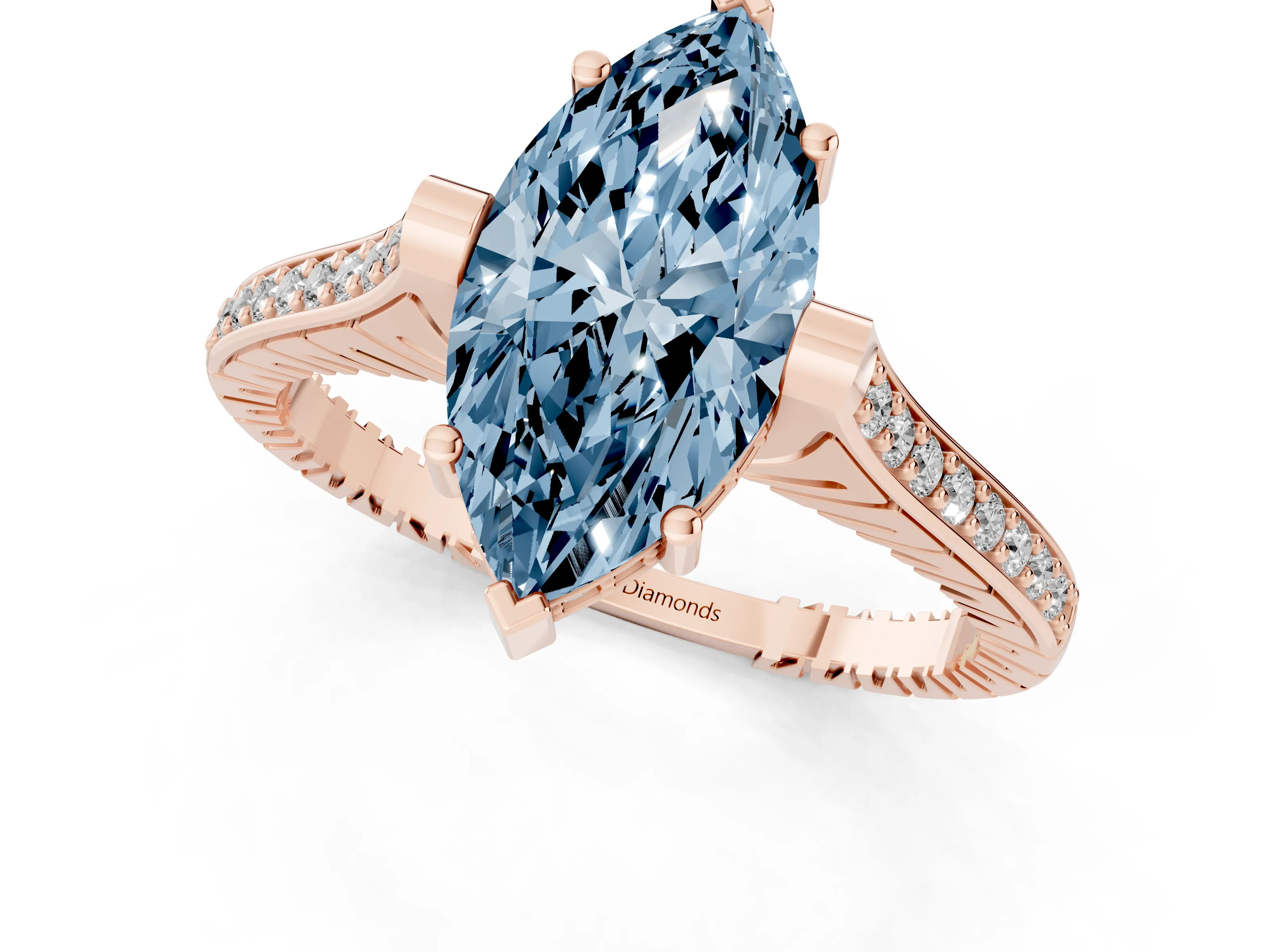 Fancy Blue Marquise Cut Diamond Solitaire Ring Set in Rose gold with Channel Set Band and Bezel Prong Setting – second view
