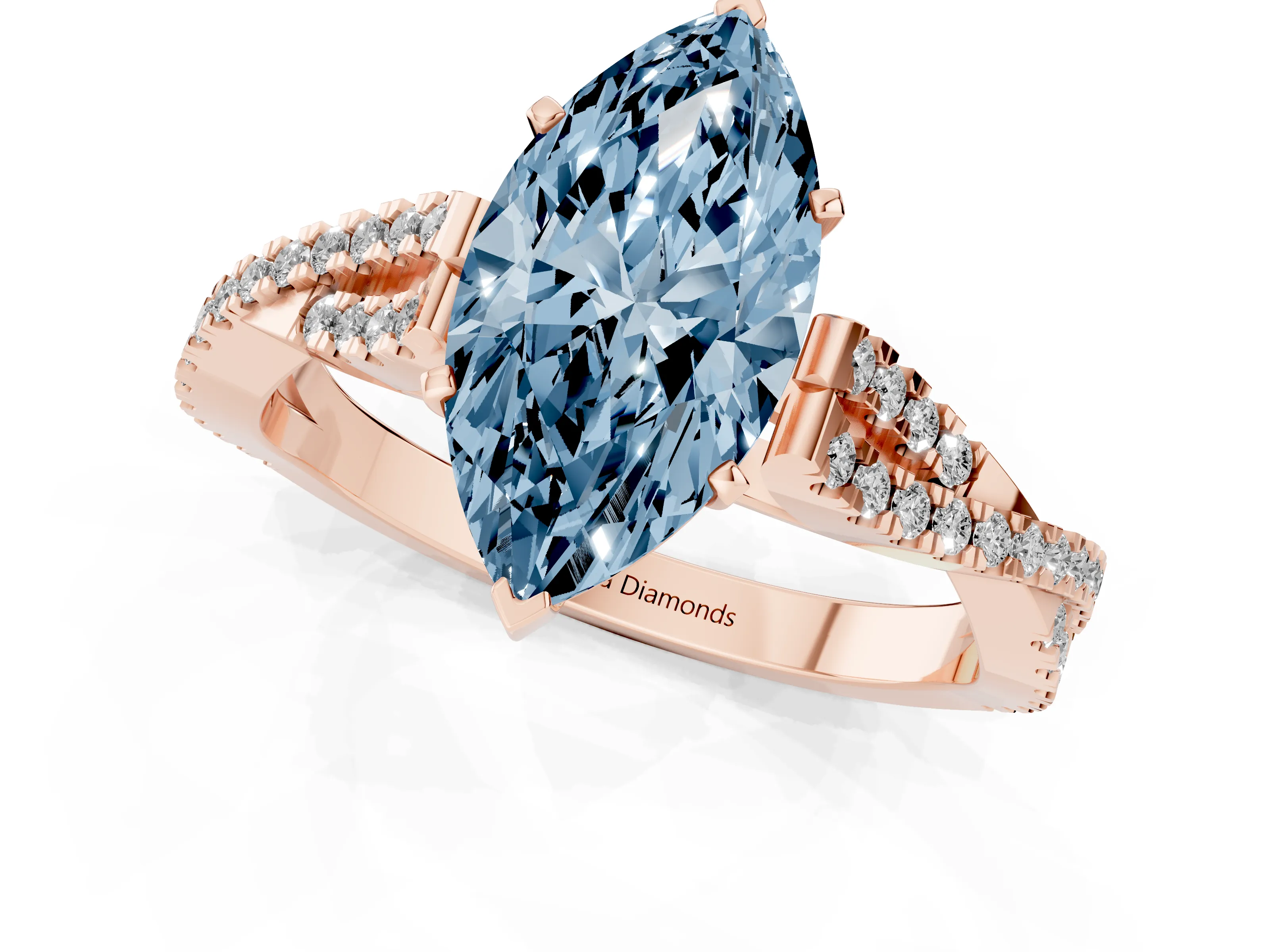 Fancy Blue Marquise Cut Diamond Solitaire Engagement Ring Set in Rose gold with Twisted Pavé Band and Prong Setting