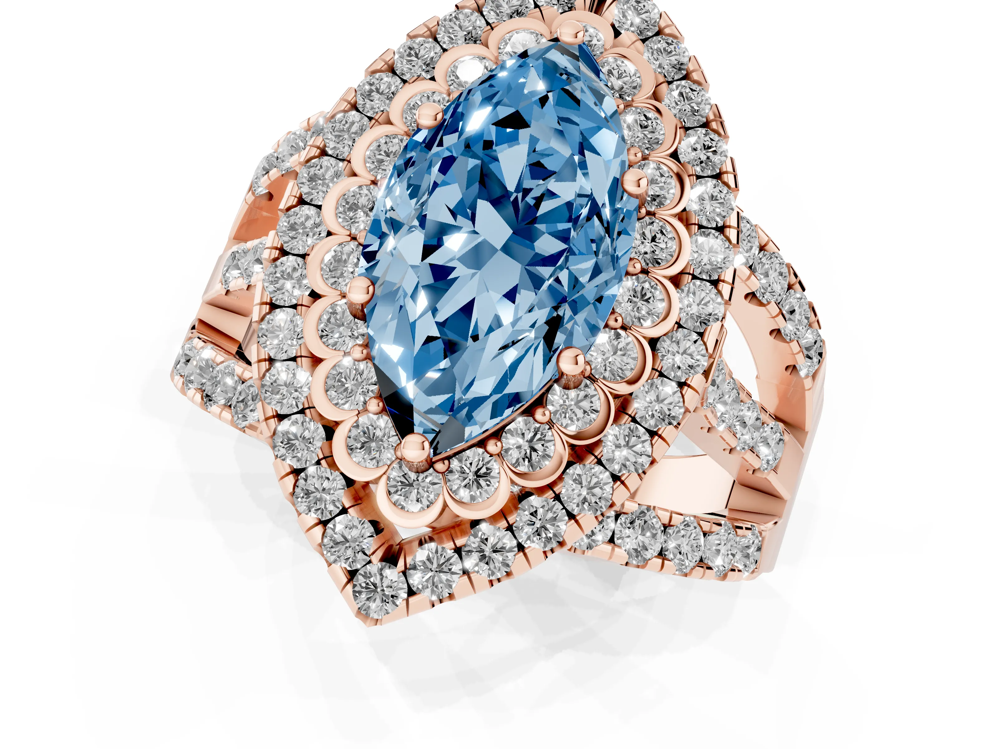 Fancy Blue Marquise Cut Diamond Double Halo Ring Set in Rose gold with Round Pavé Split Shank