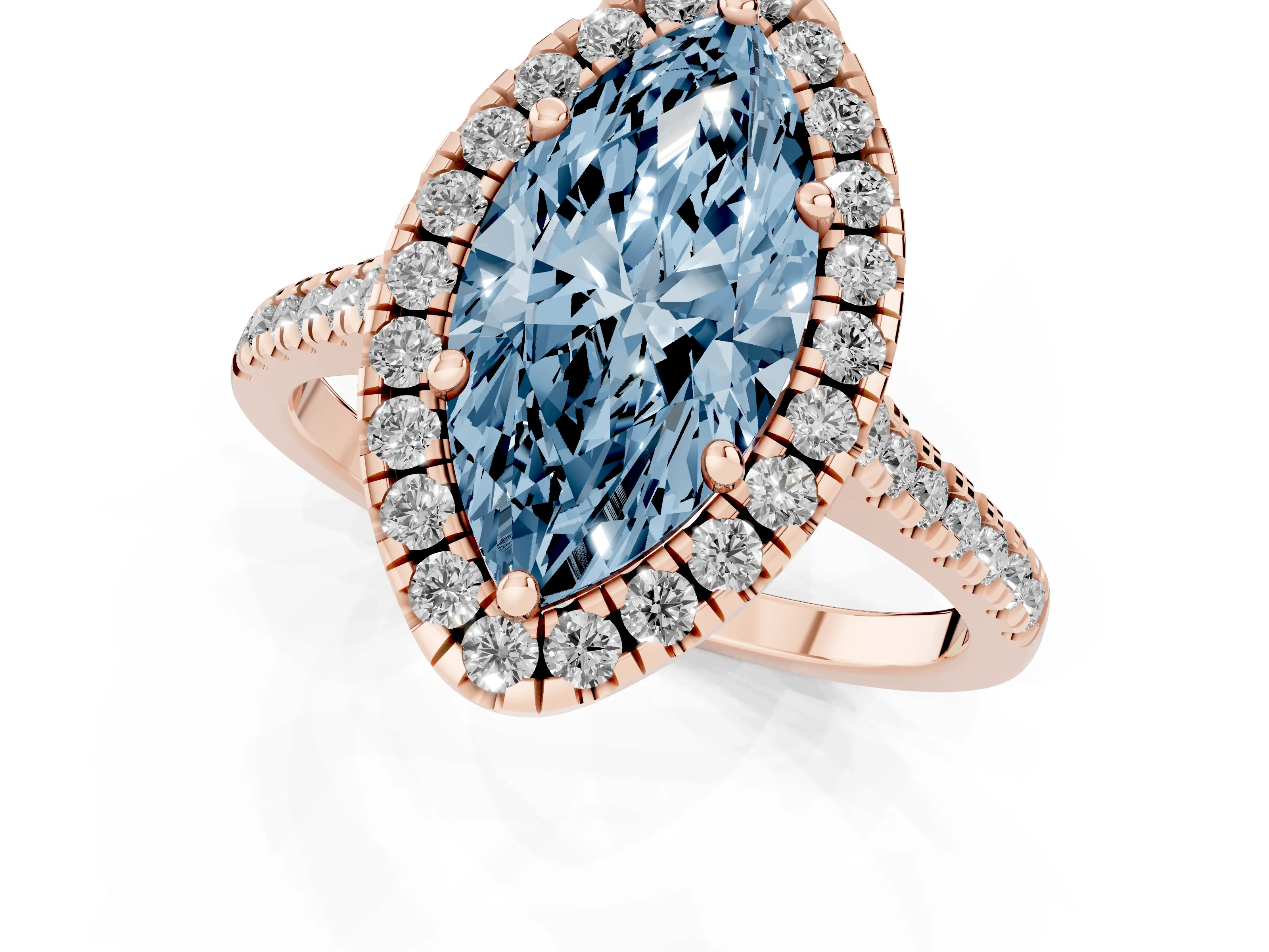 Fancy Blue Marquise Cut Diamond Cushion Halo Ring Set in Rose gold with Pavé Band