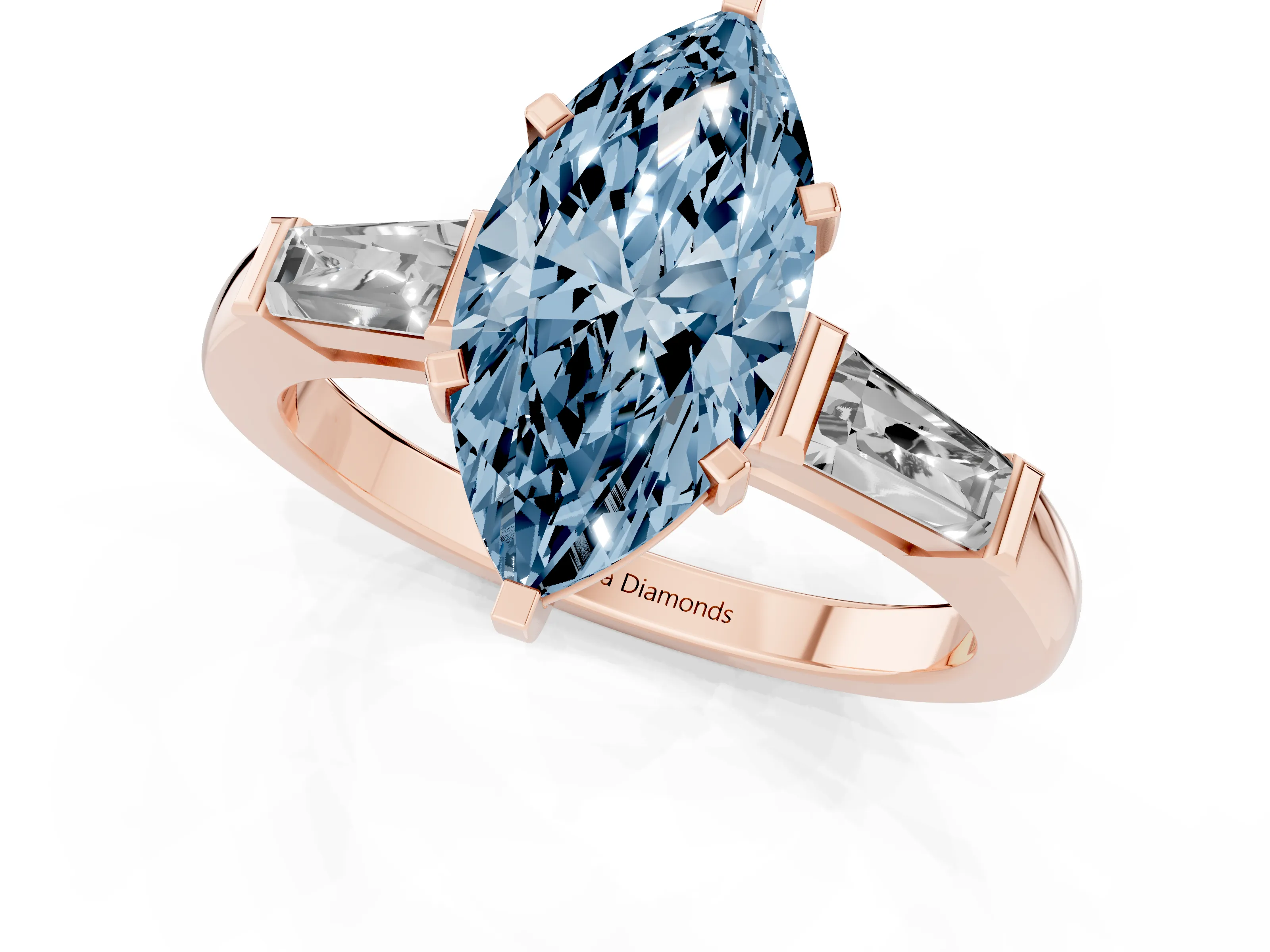 Fancy Blue Marquise Cut Diamond Solitaire Ring Set in Rose gold with Tapered Baguette Side Stones and Prong Setting