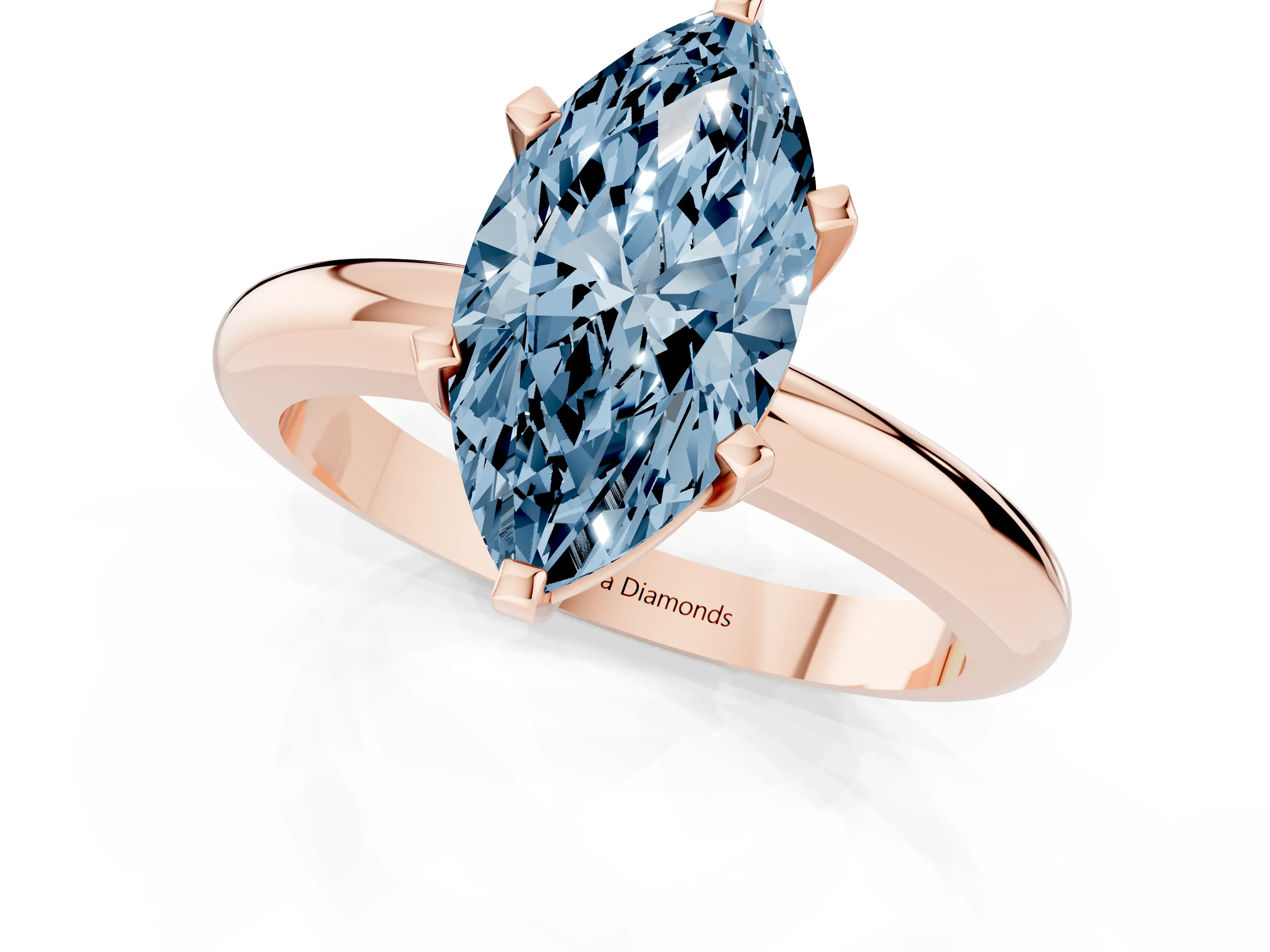 Fancy Blue Marquise Cut Diamond Solitaire Engagement Ring Set in Rose gold with Round Band and Prong Setting