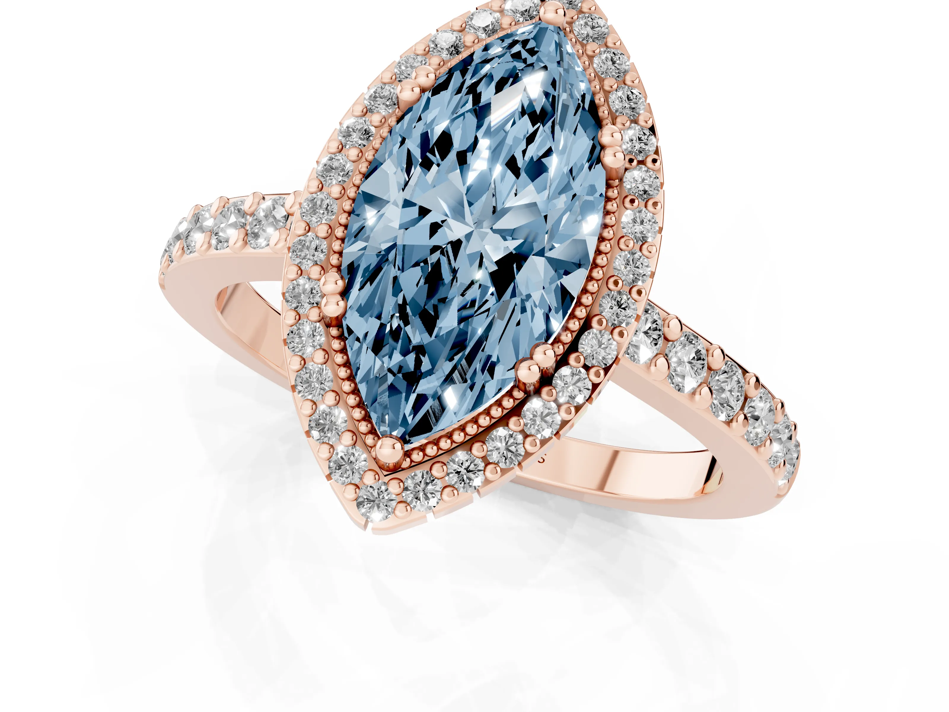 Fancy Blue Marquise Cut Diamond Halo Engagement Ring Set in Rose gold with Milgrain Detail and Pavé Band