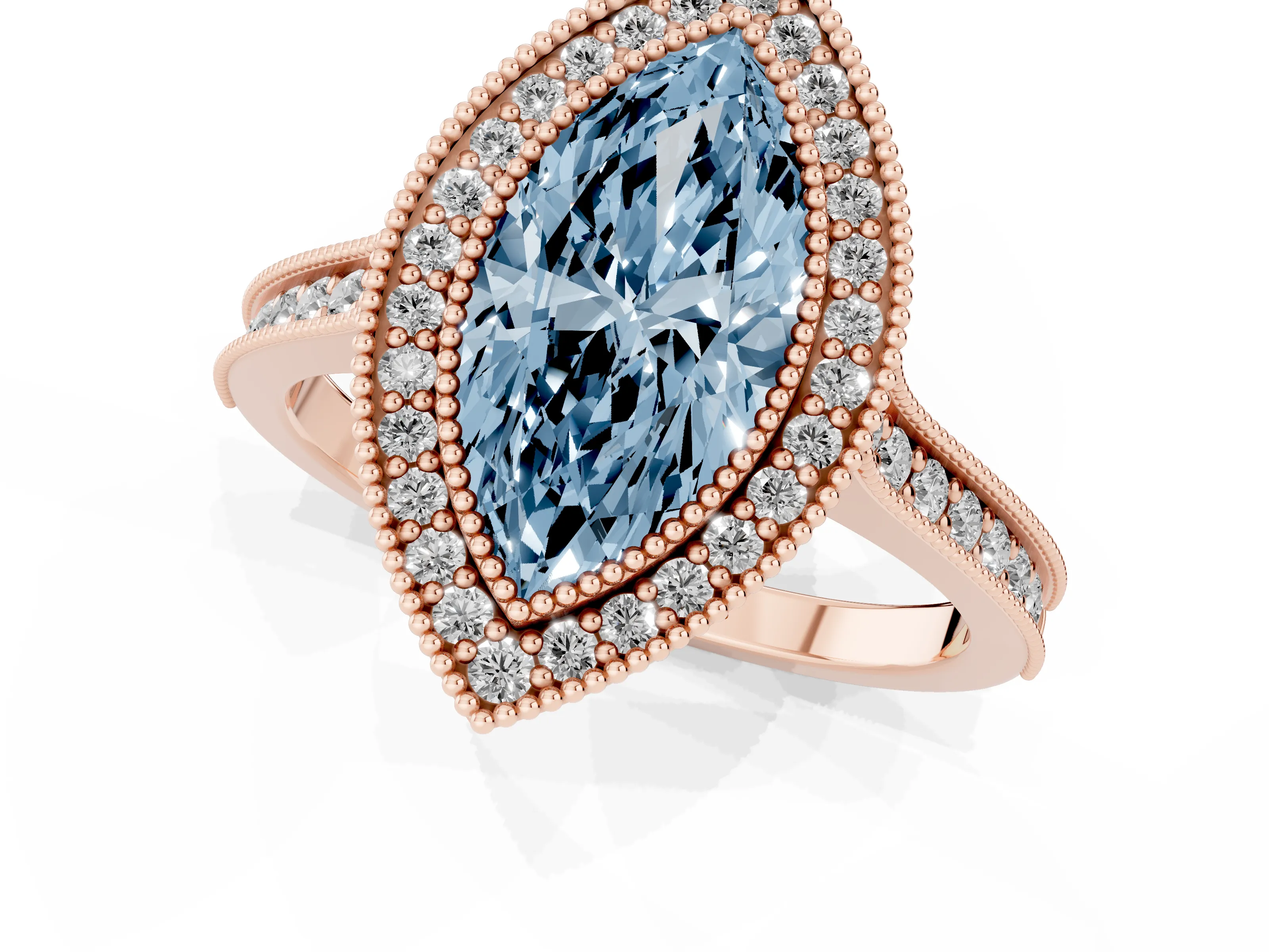 Fancy Blue Marquise Cut Diamond Halo Milgrain Pavé Band Ring Set in Rose gold with Prong Setting