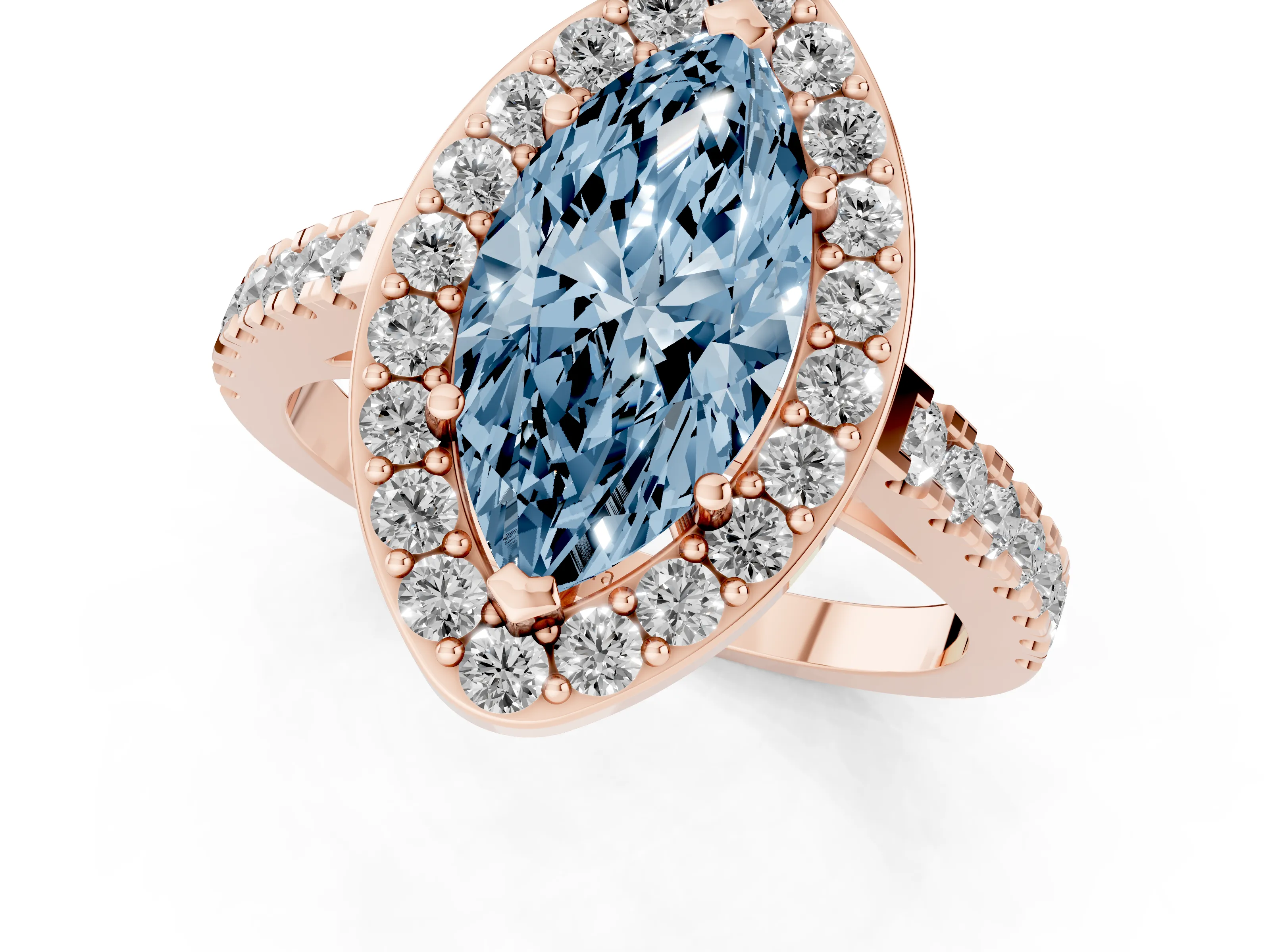 Fancy Blue Marquise Cut Diamond Halo Ring Set in Rose gold with Round Pavé Split Shank and Prong Setting