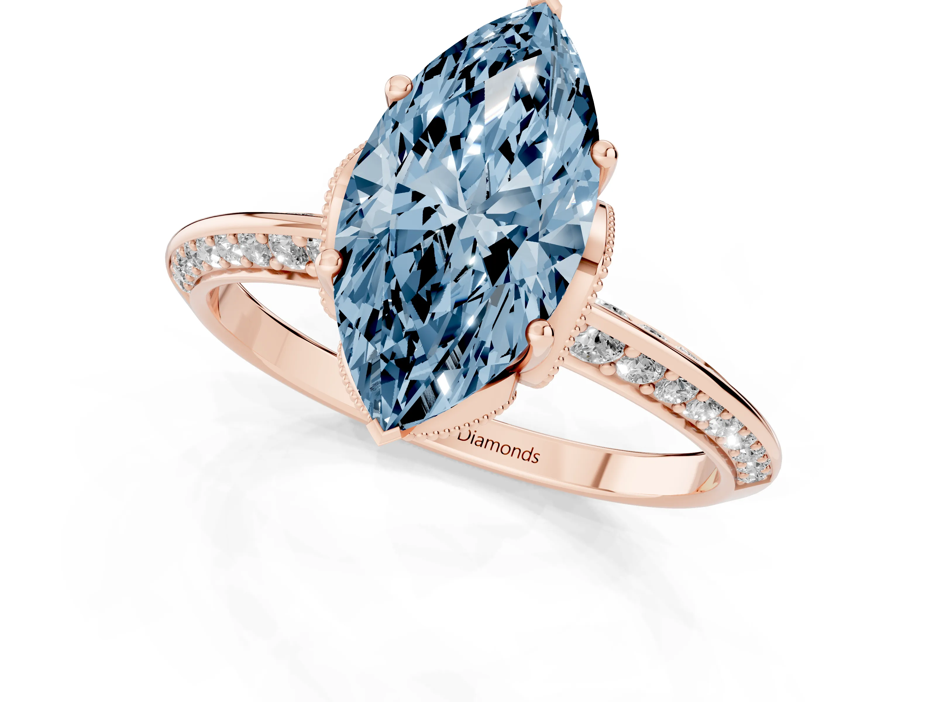 Fancy Blue Marquise Cut Diamond Solitaire Engagement Ring Set in Rose gold with Pavé Split Shank and Prong Setting