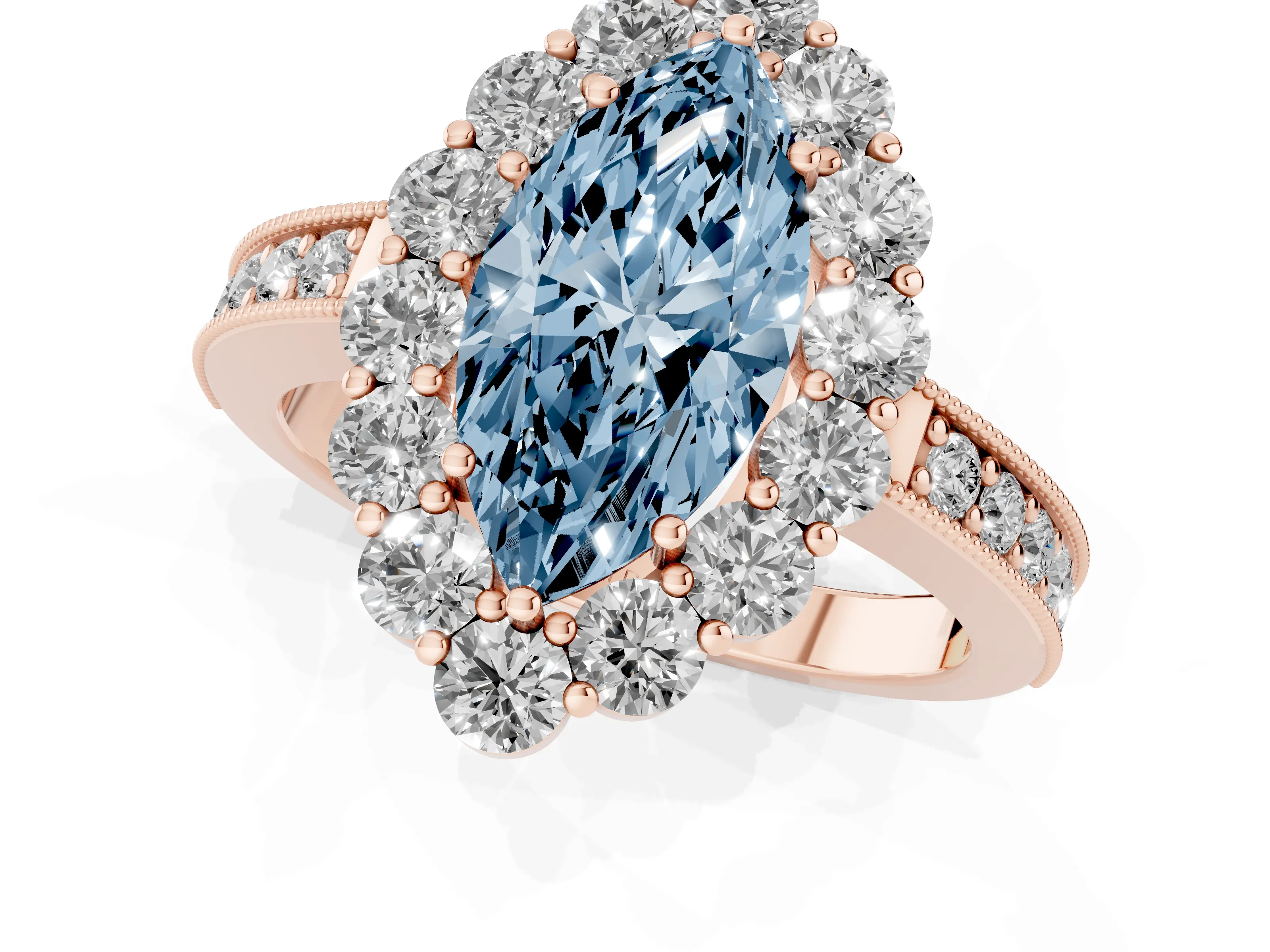 Fancy Blue Marquise Cut Diamond Halo Pavé Engagement Ring Set in Rose gold with Milgrain Detailing