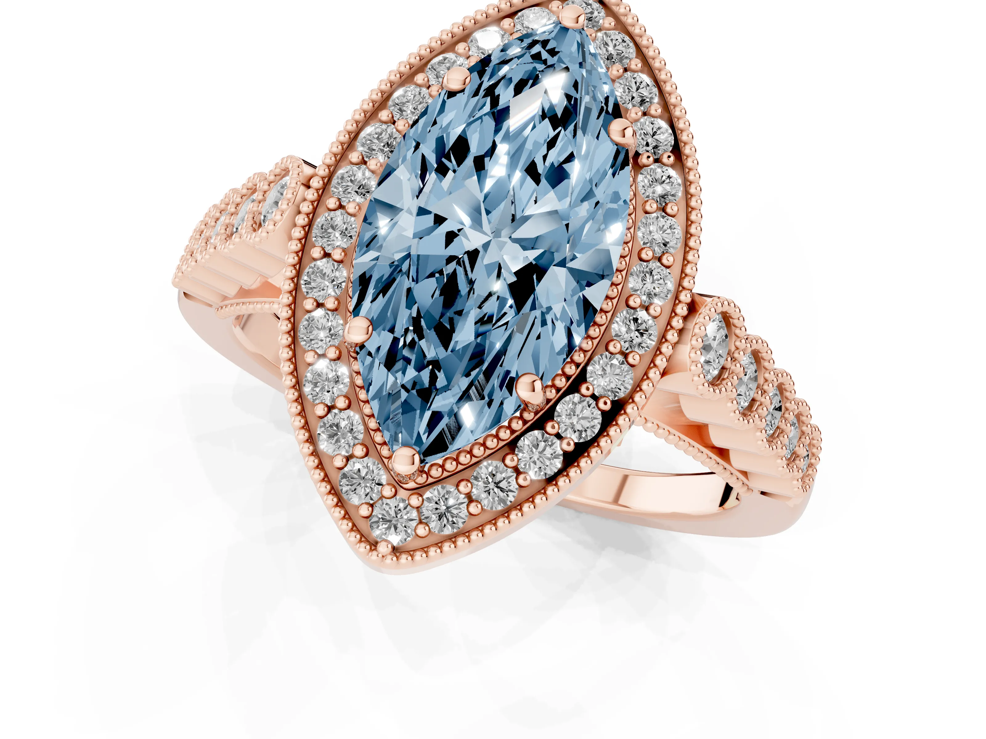 Fancy Blue Marquise Cut Diamond Milgrain Halo Solitaire Ring Set in Rose gold with Bezel Set Side Stones and Pavé Band