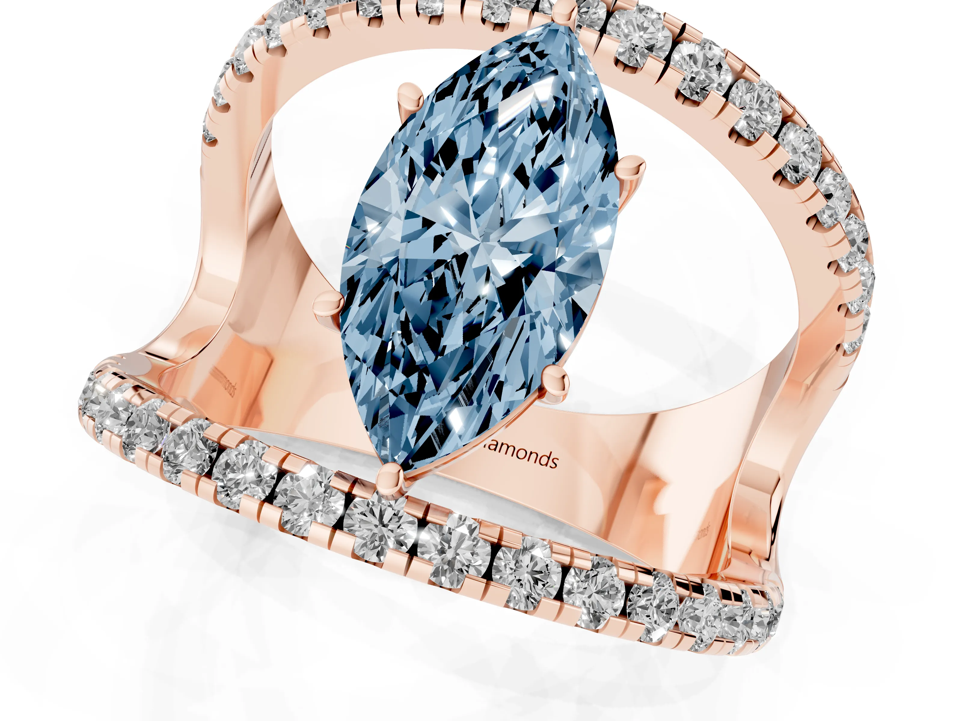 Fancy Blue Marquise Cut Diamond Split Shank Pavé Solitaire Ring Set in Rose gold with Open Shank Design