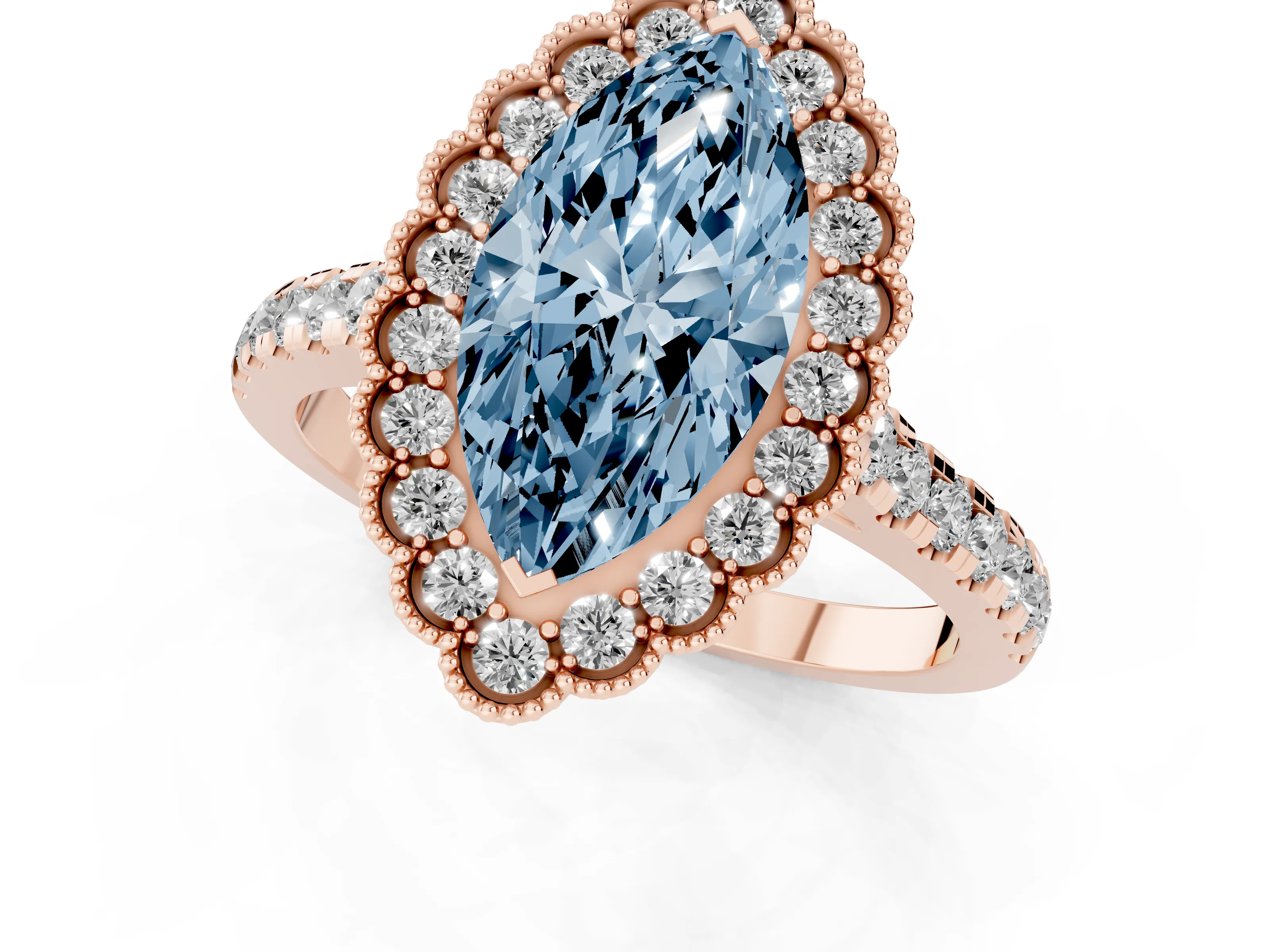 Fancy Blue Marquise Cut Diamond Milgrain Floral Halo Engagement Ring Set in Rose gold with Pavé Band