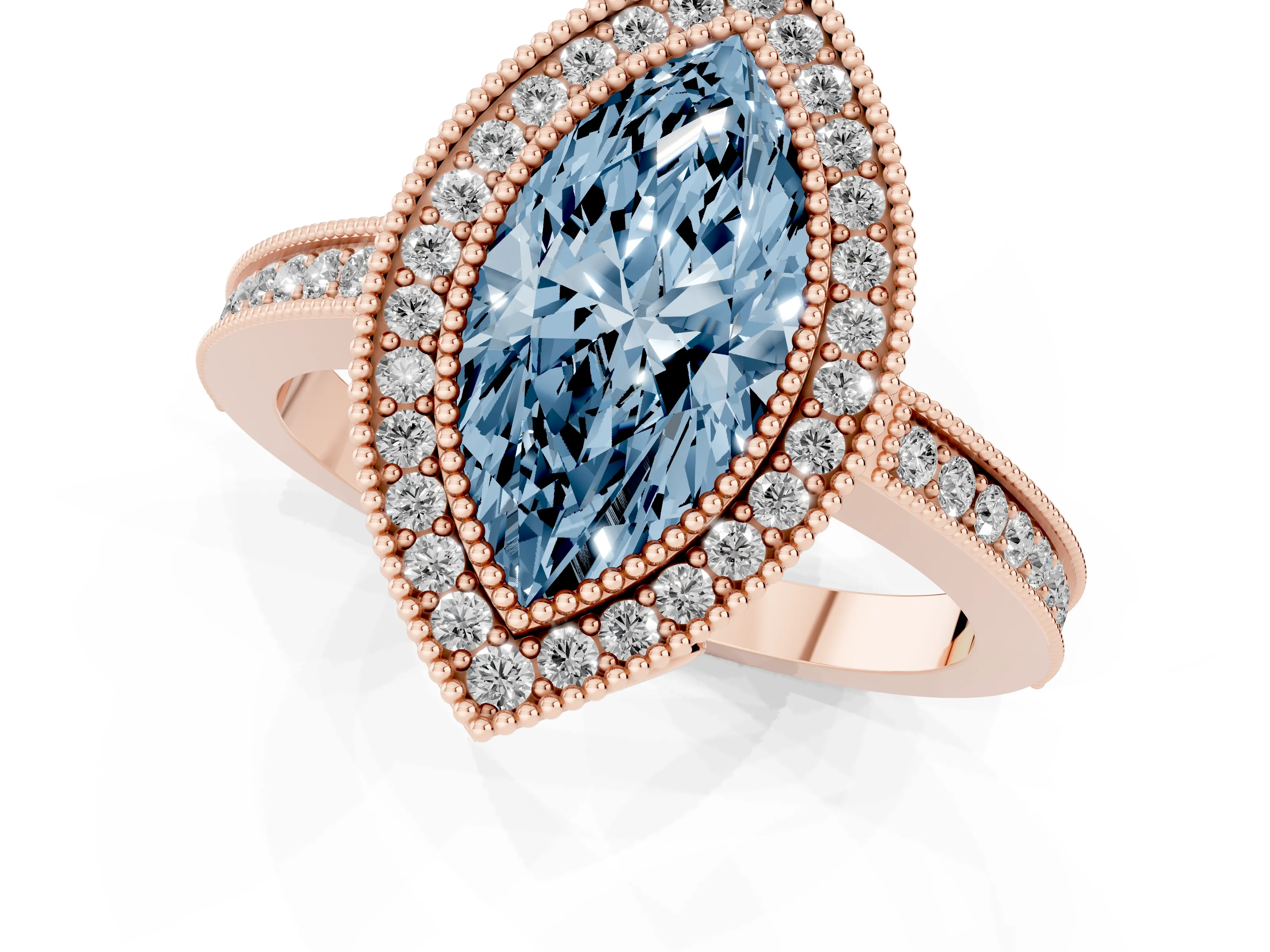 Fancy Blue Marquise Cut Diamond Halo Ring Set in Rose gold with Pavé Band and Milgrain-Edged Prongs