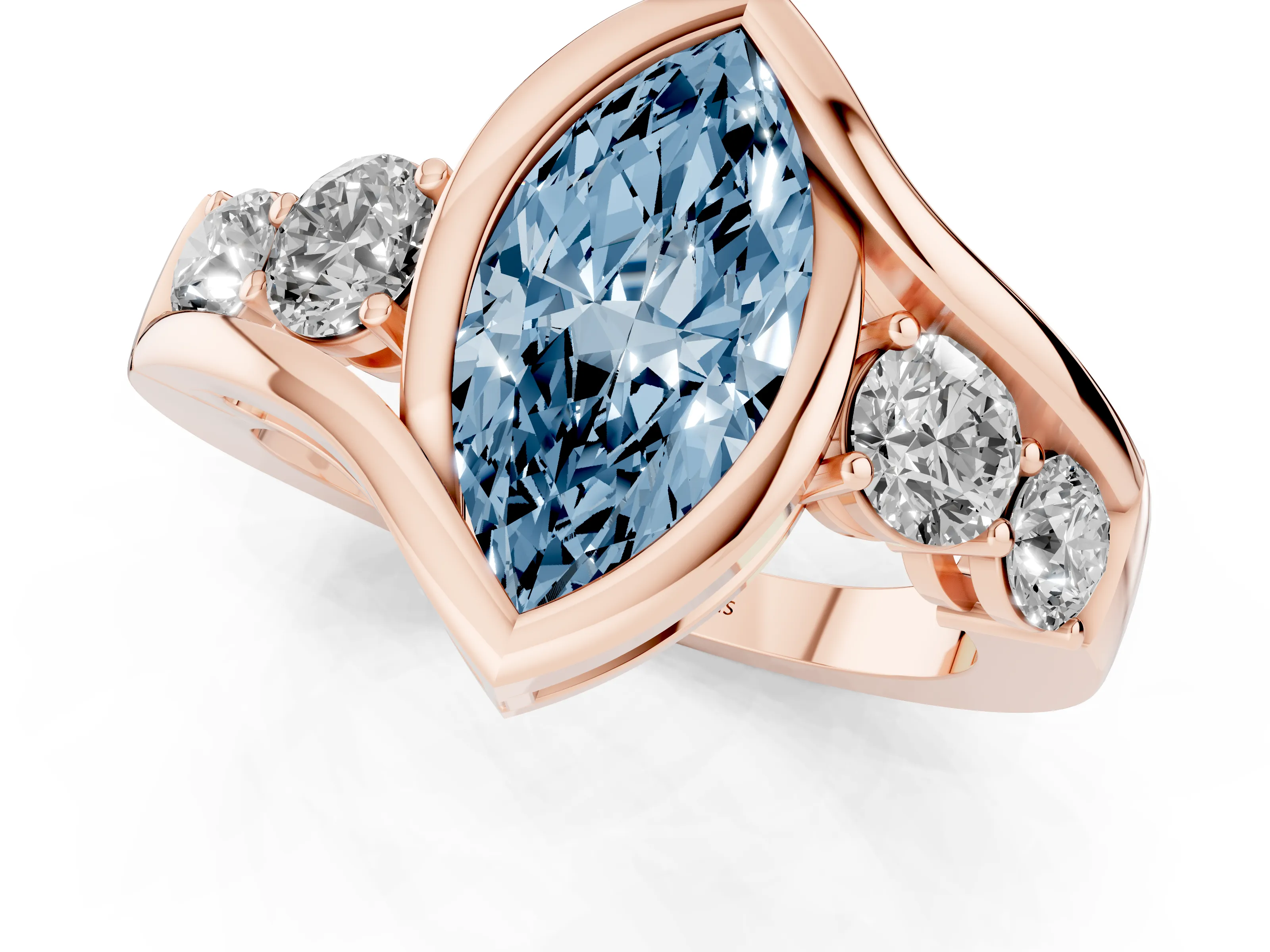Fancy Blue Marquise Cut Diamond Bezel Bypass Ring Set in Rose gold with Round Accents