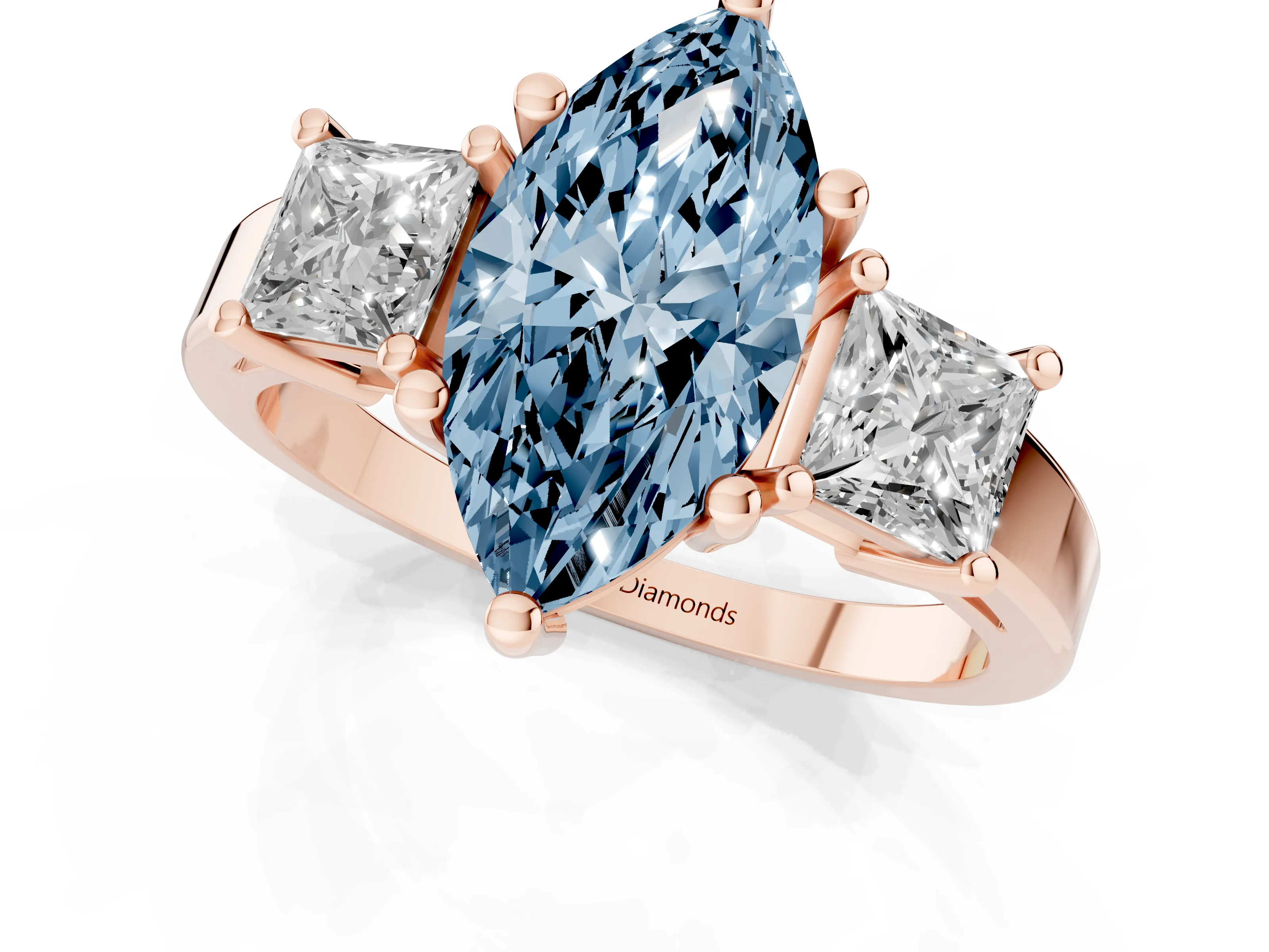 Fancy Blue Three-Stone Marquise Cut Diamond Solitaire Ring Set in Rose gold with Prong Setting