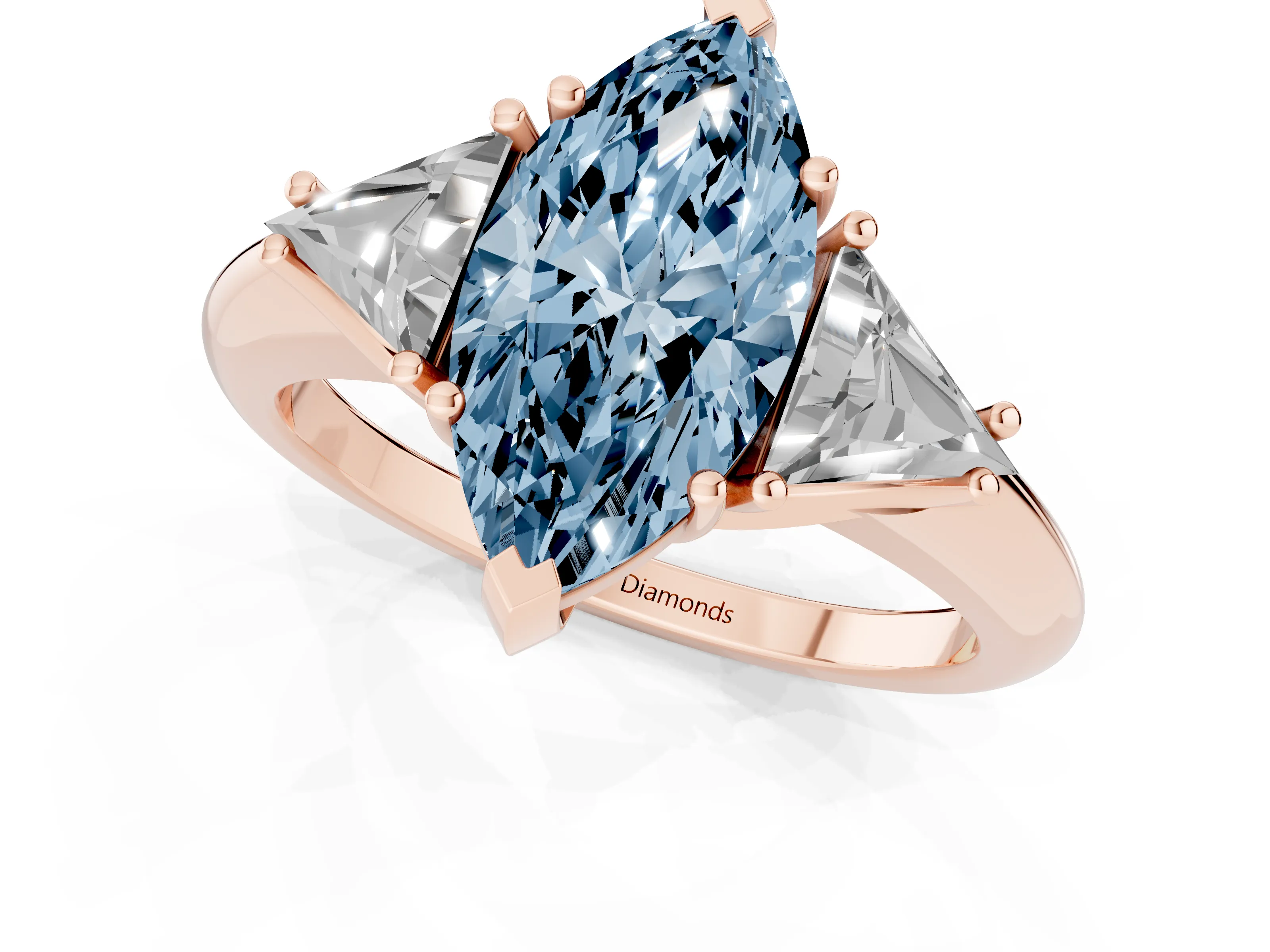 Fancy Blue Marquise Cut Diamond Three-Stone Engagement Ring Set in Rose gold with Trillion Side Stones