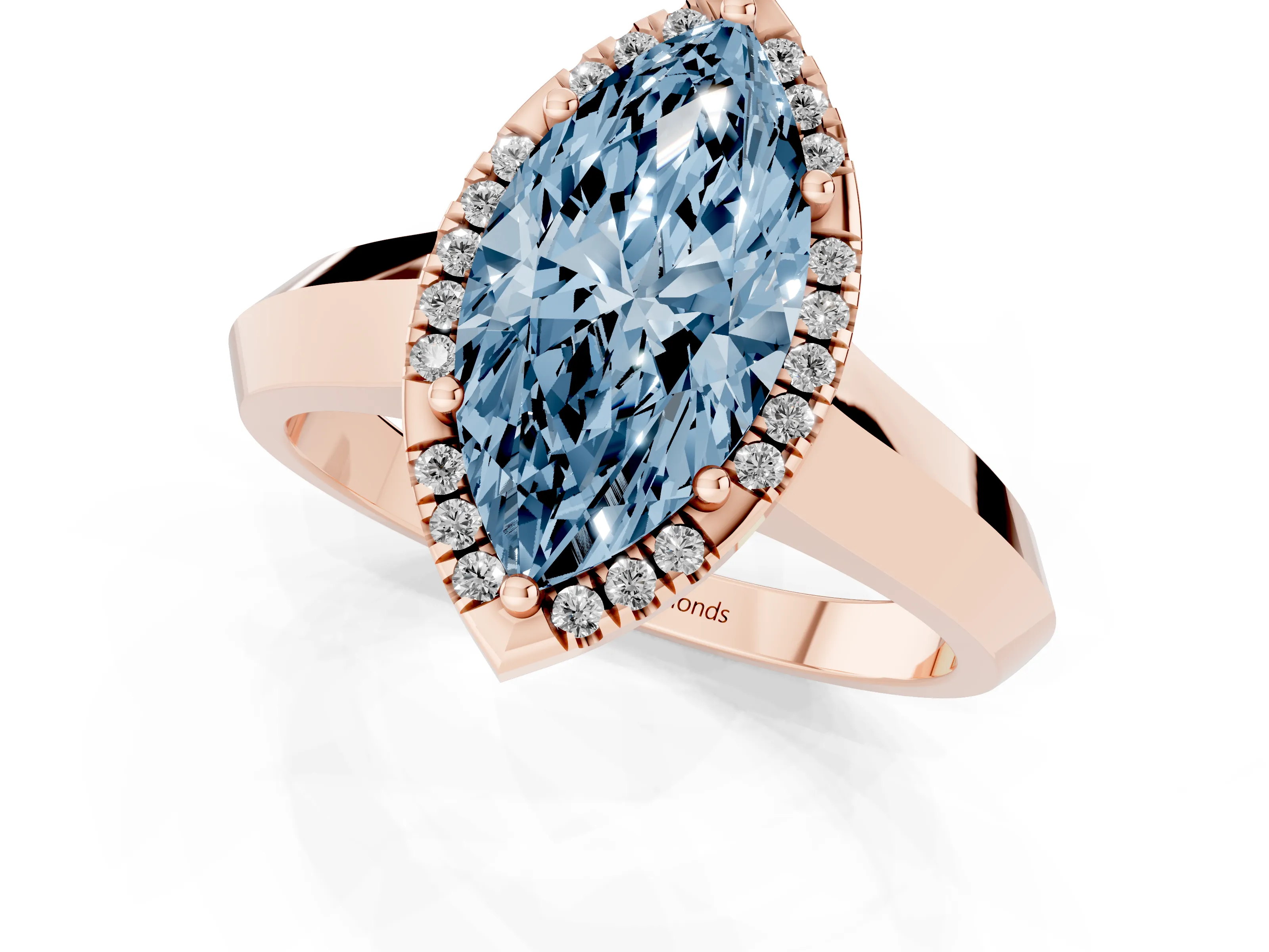 Fancy Blue Marquise Cut Diamond Halo Ring Set in Rose gold with Cathedral Band and Prong Setting