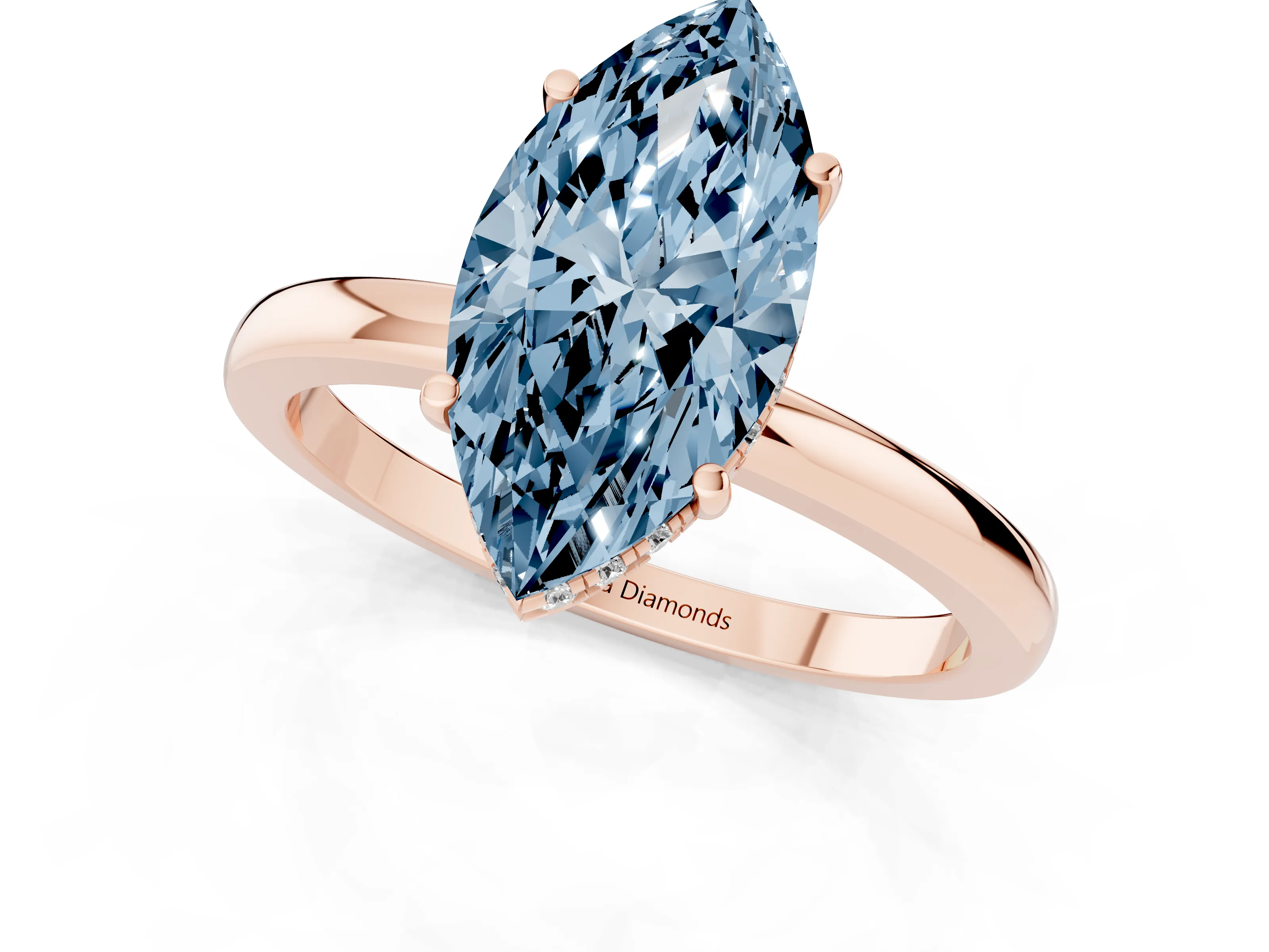 Fancy Blue Marquise Cut Diamond Solitaire Ring Set in Rose gold with Plain Band and Prong Setting
