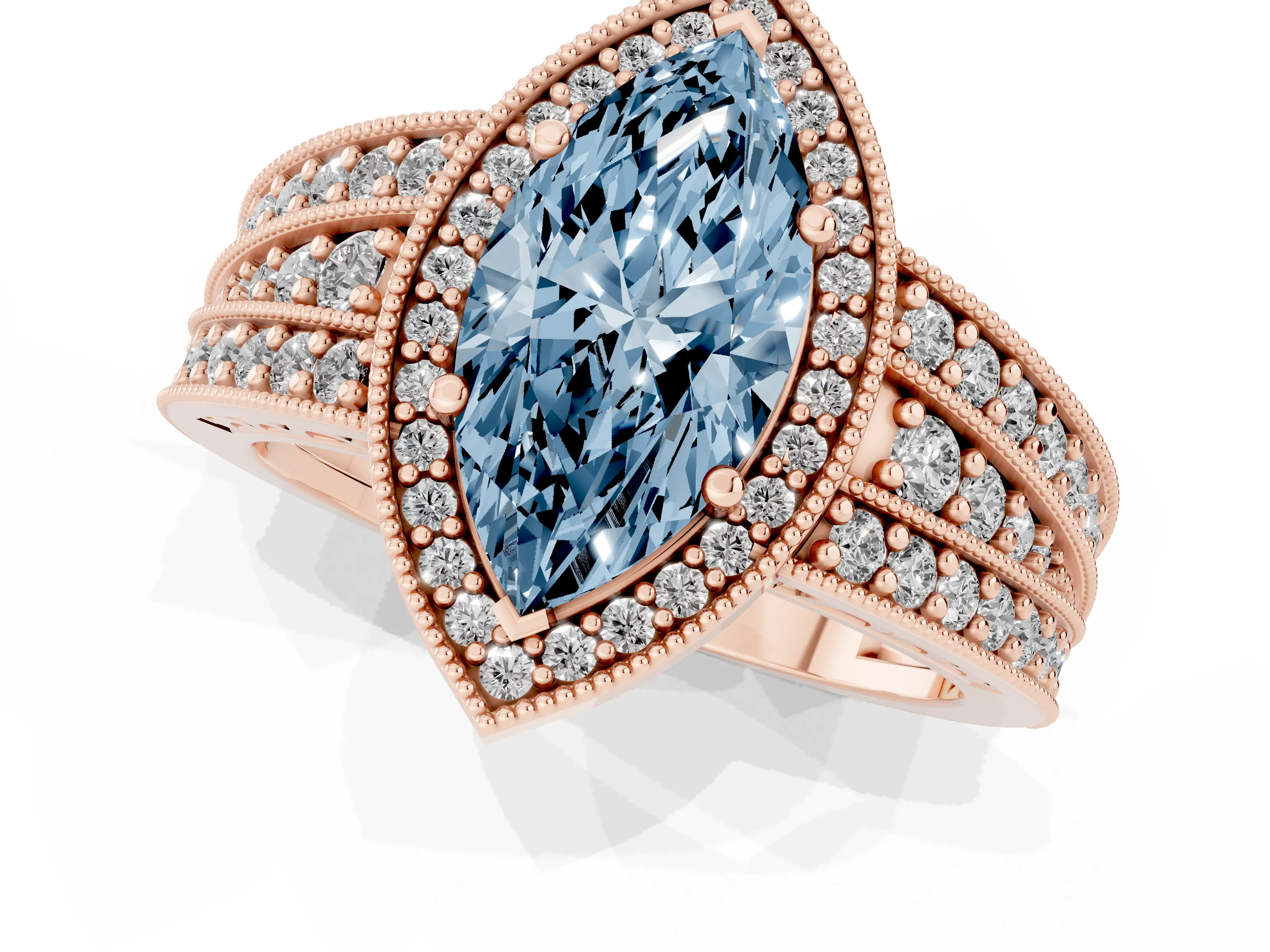 Fancy Blue Marquise Cut Diamond Halo Ring Set in Rose gold with Accent Split Shank and Prong Setting