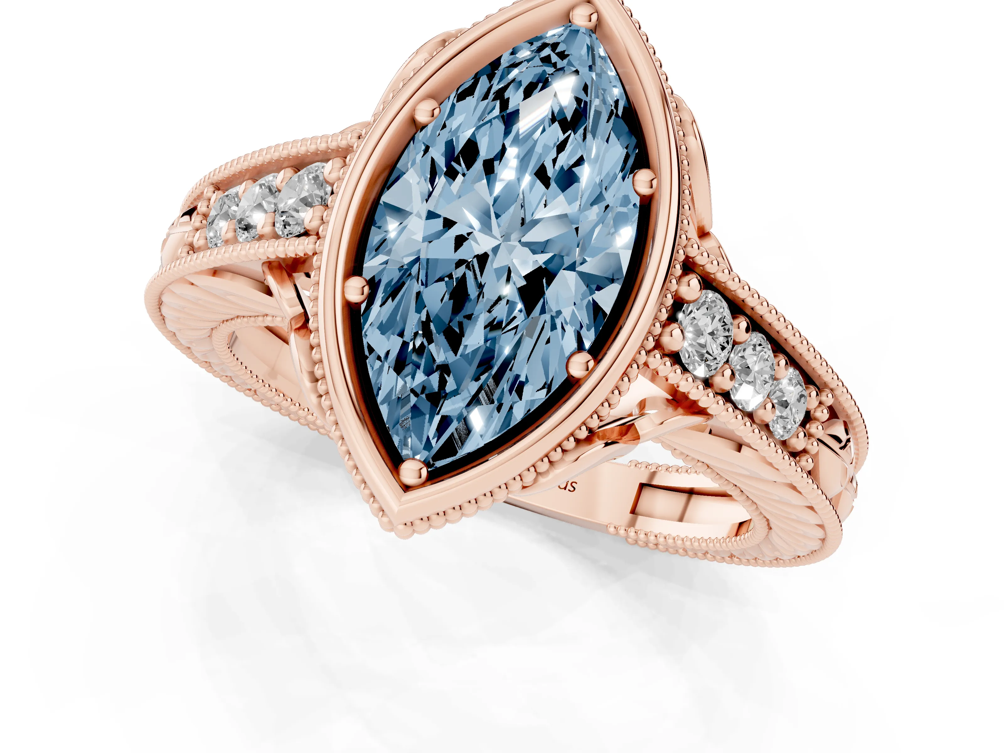 Fancy Blue Bezel Set Marquise Cut Diamond Milgrain Pavé Engagement Ring Set in Rose gold