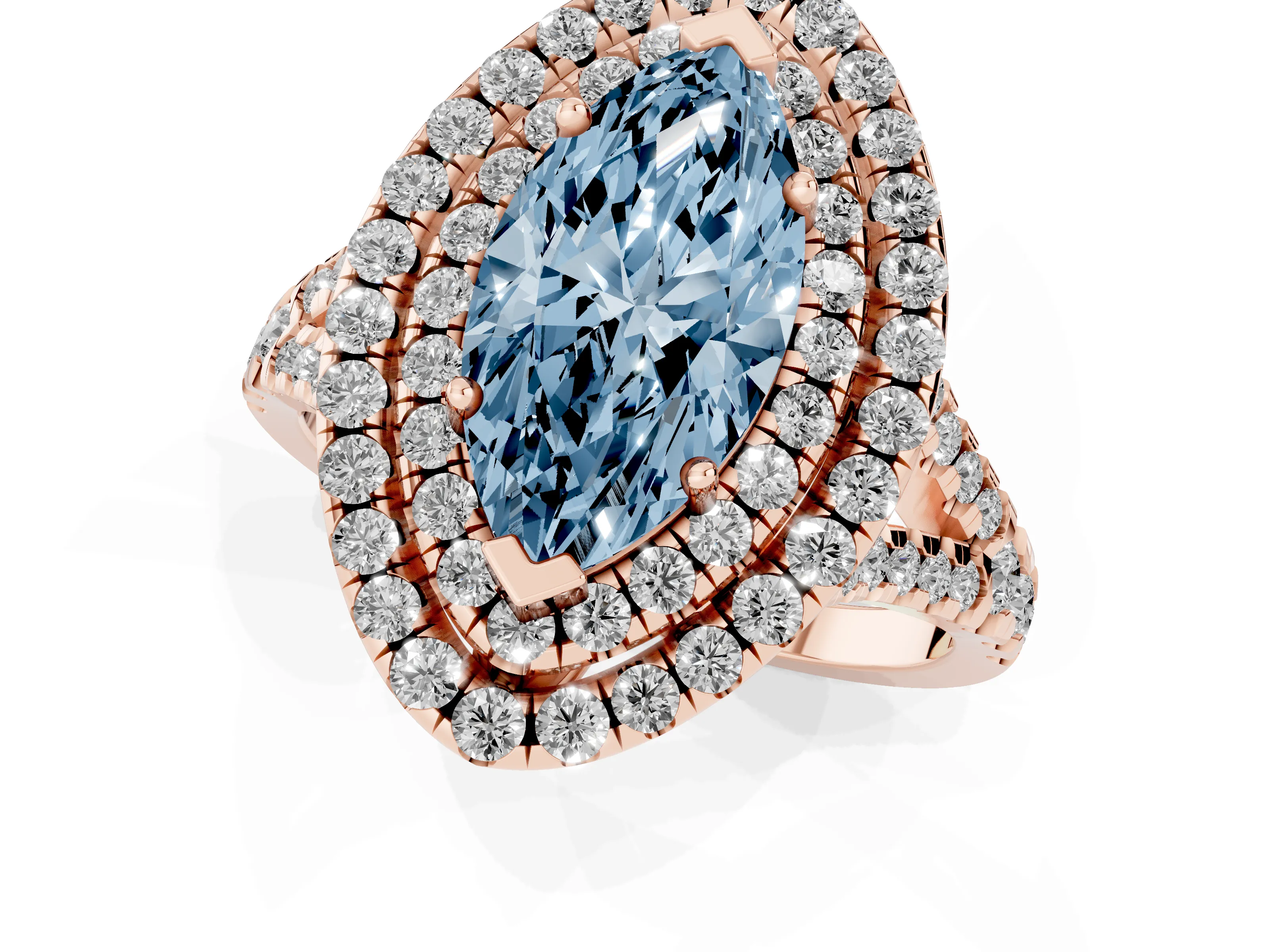 Fancy Blue Marquise Cut Diamond Double Halo Ring Set in Rose gold with Pavé Split Shank and Prong Setting