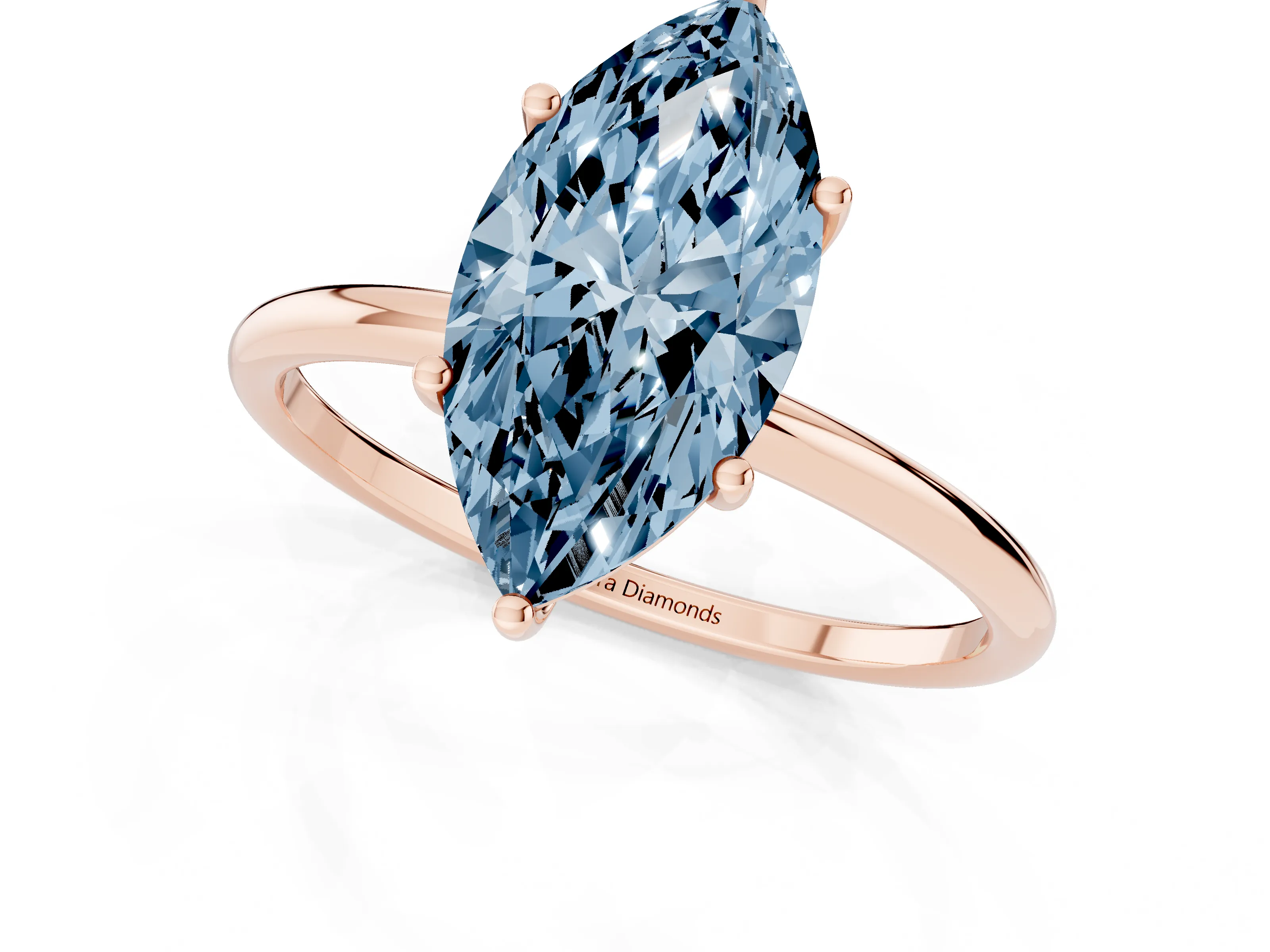 Fancy Blue Marquise Cut Diamond Solitaire Engagement Ring Set in Rose gold with Thin Band and Prong Setting
