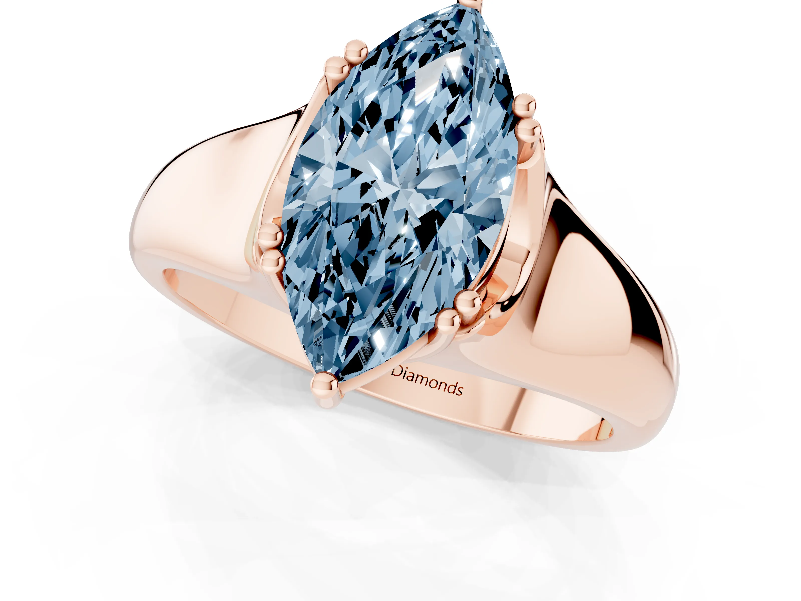Fancy Blue Marquise Cut Diamond Solitaire Ring Set in Rose gold with Wide Band and Prong Setting