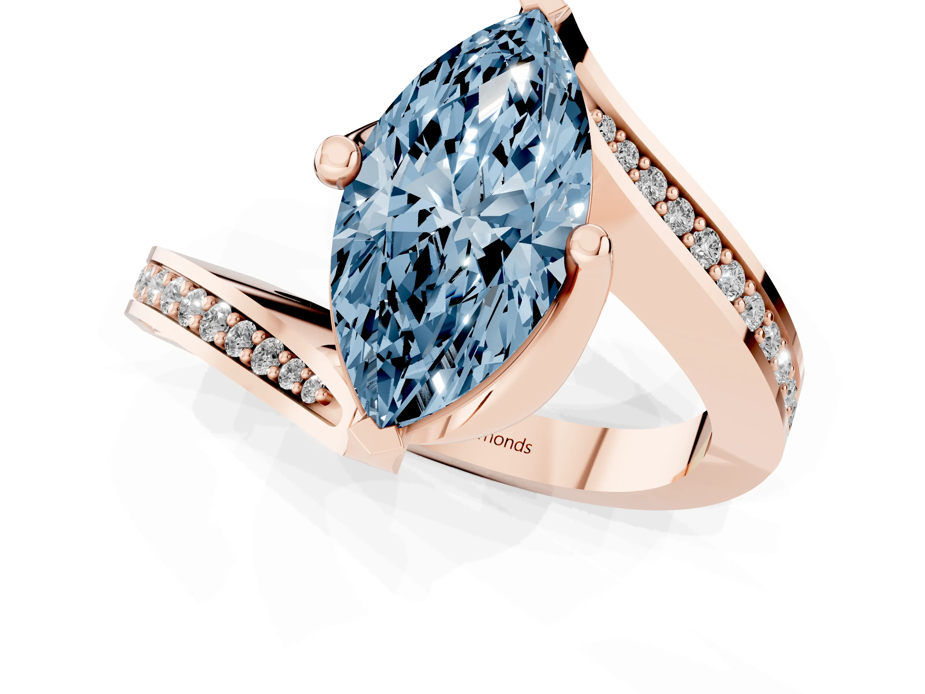 Fancy Blue Marquise Cut Diamond Solitaire Ring Set in Rose gold with Intertwined Pavé Twist Band
