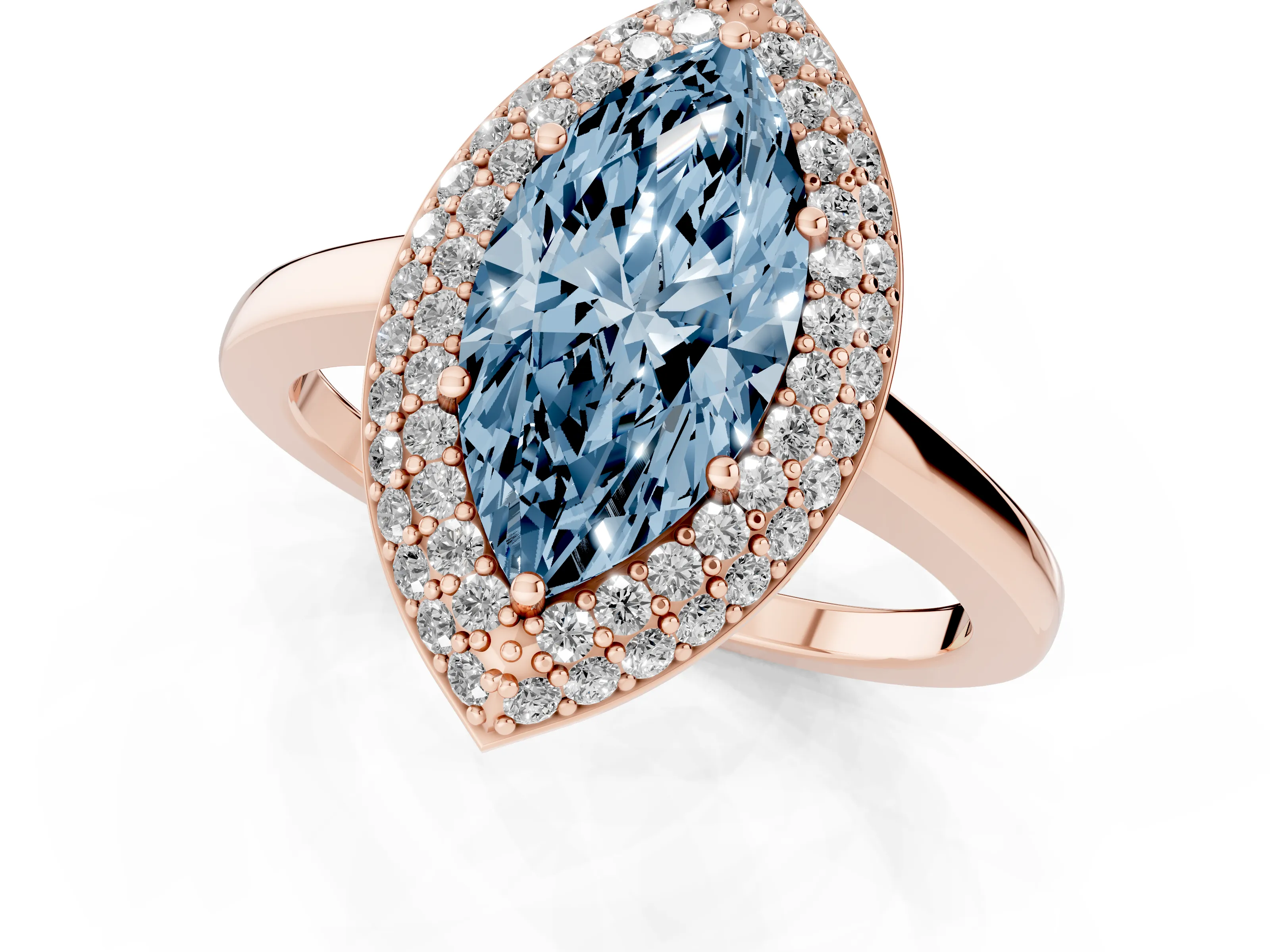 Fancy Blue Marquise Cut Diamond Halo Engagement Ring Set in Rose gold with Solitaire Band and Prong Setting