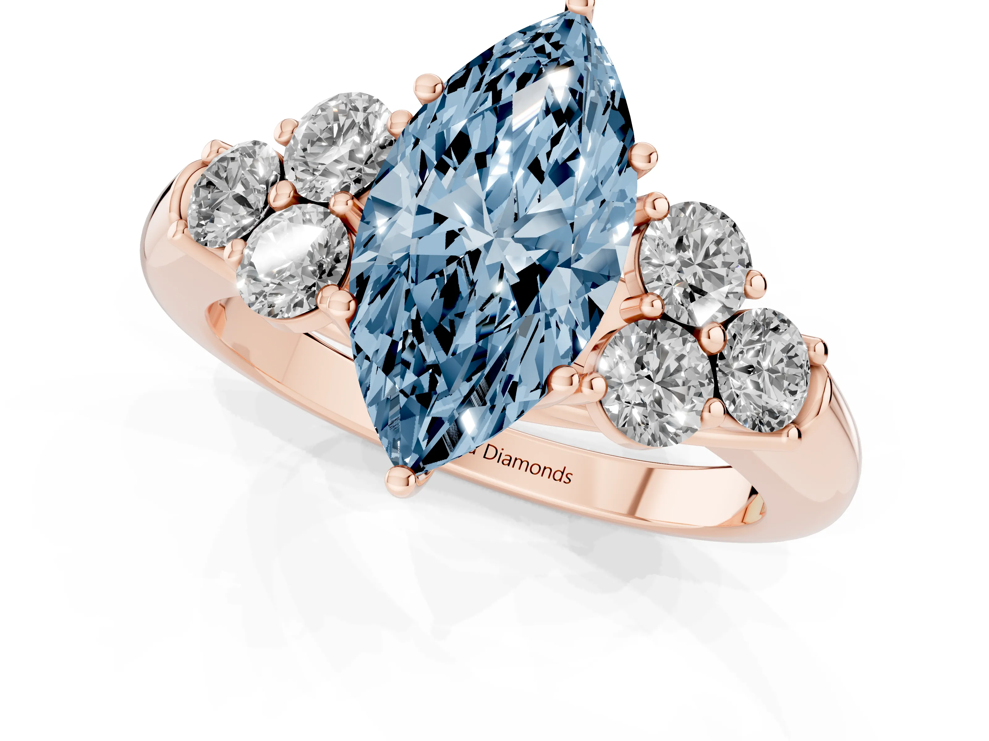 Fancy Blue Marquise Cut Diamond Cluster Ring Set in Rose gold with Round Accent Stones and Prong Setting on a Plain Band