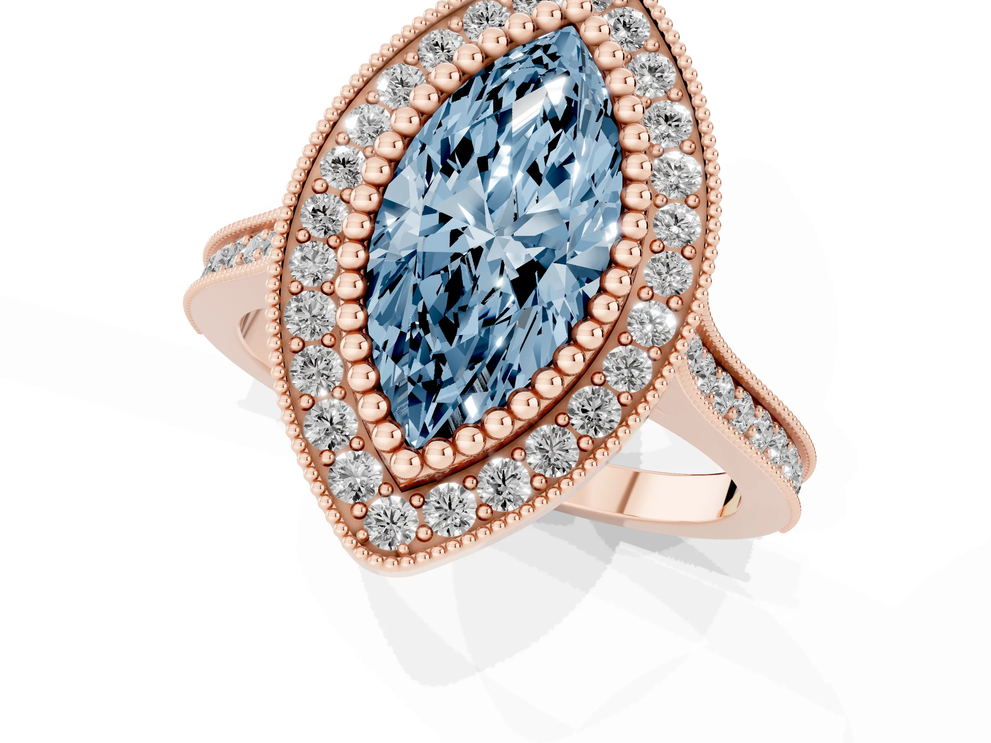 Fancy Blue Marquise Cut Diamond Halo Ring Set in Rose gold with Milgrain Frame and Pavé Band