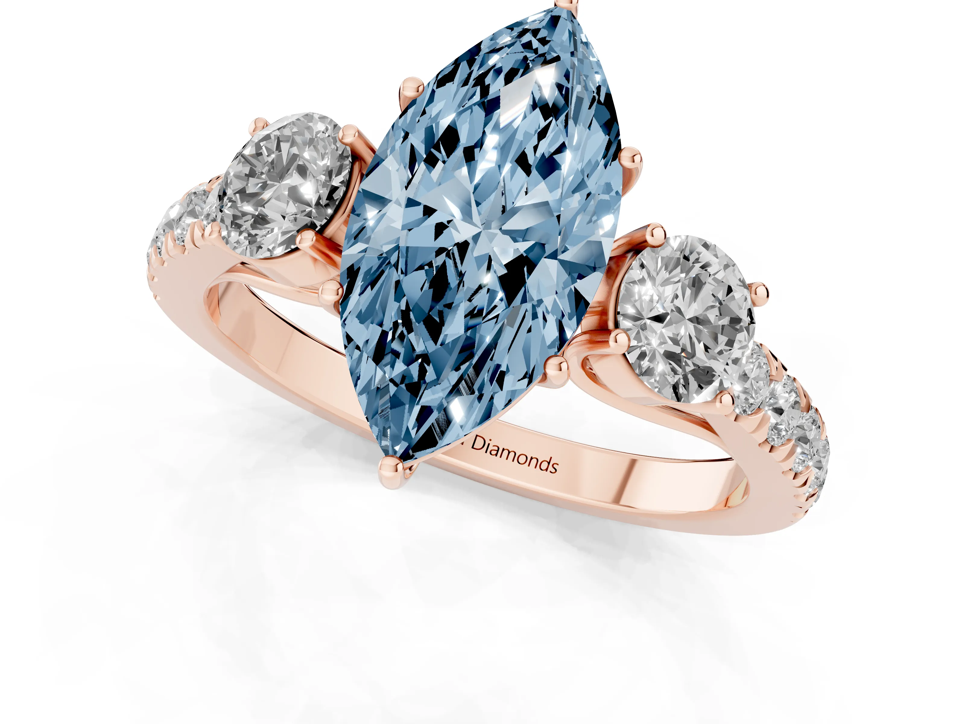 Fancy Blue Marquise Cut Diamond Three-Stone Ring Set in Rose gold with Round Side Stones and Delicate Pavé Band