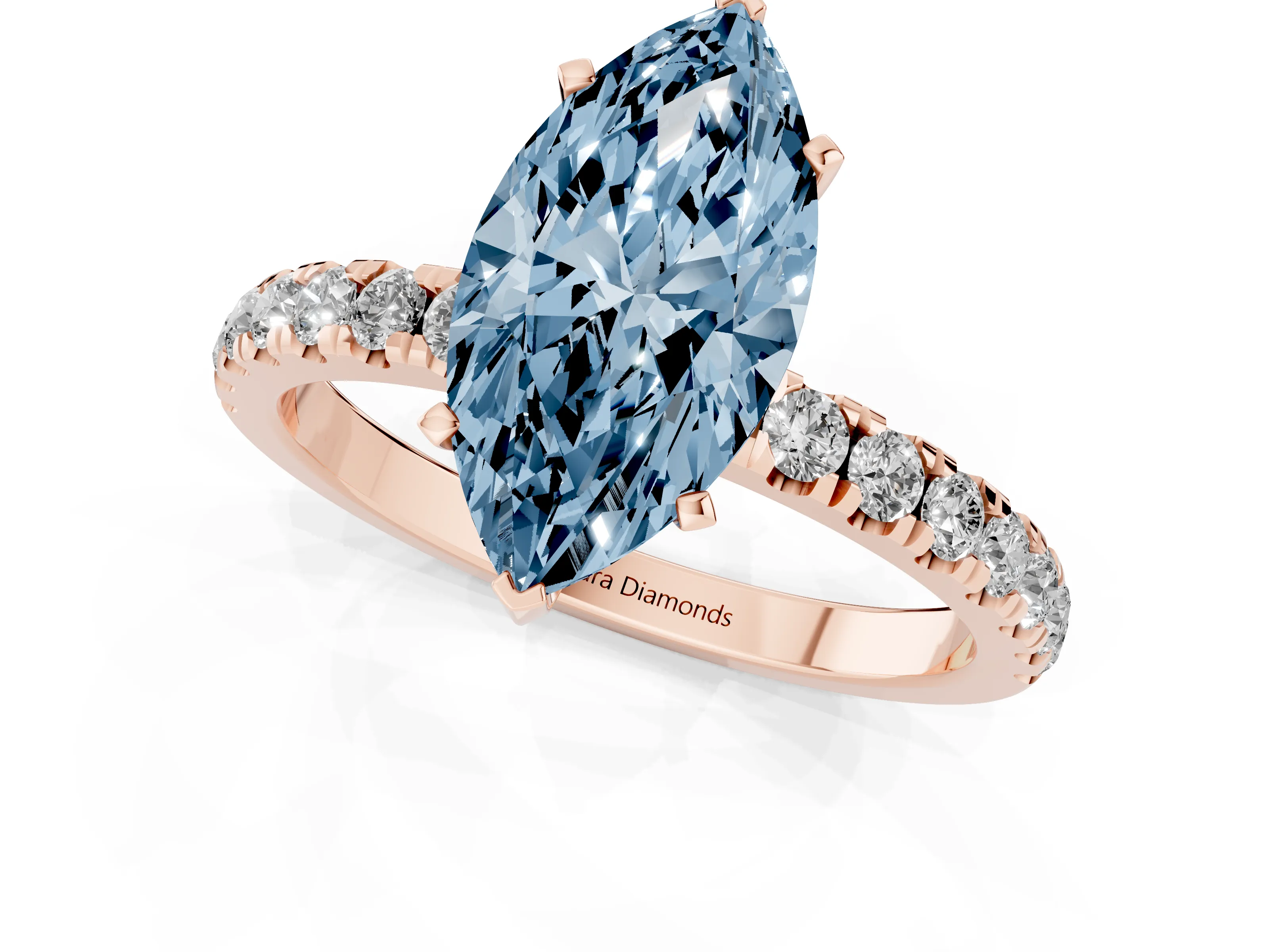 Fancy Blue Marquise Cut Diamond Solitaire Ring Set in Rose gold with Pavé Accents and Prong Setting