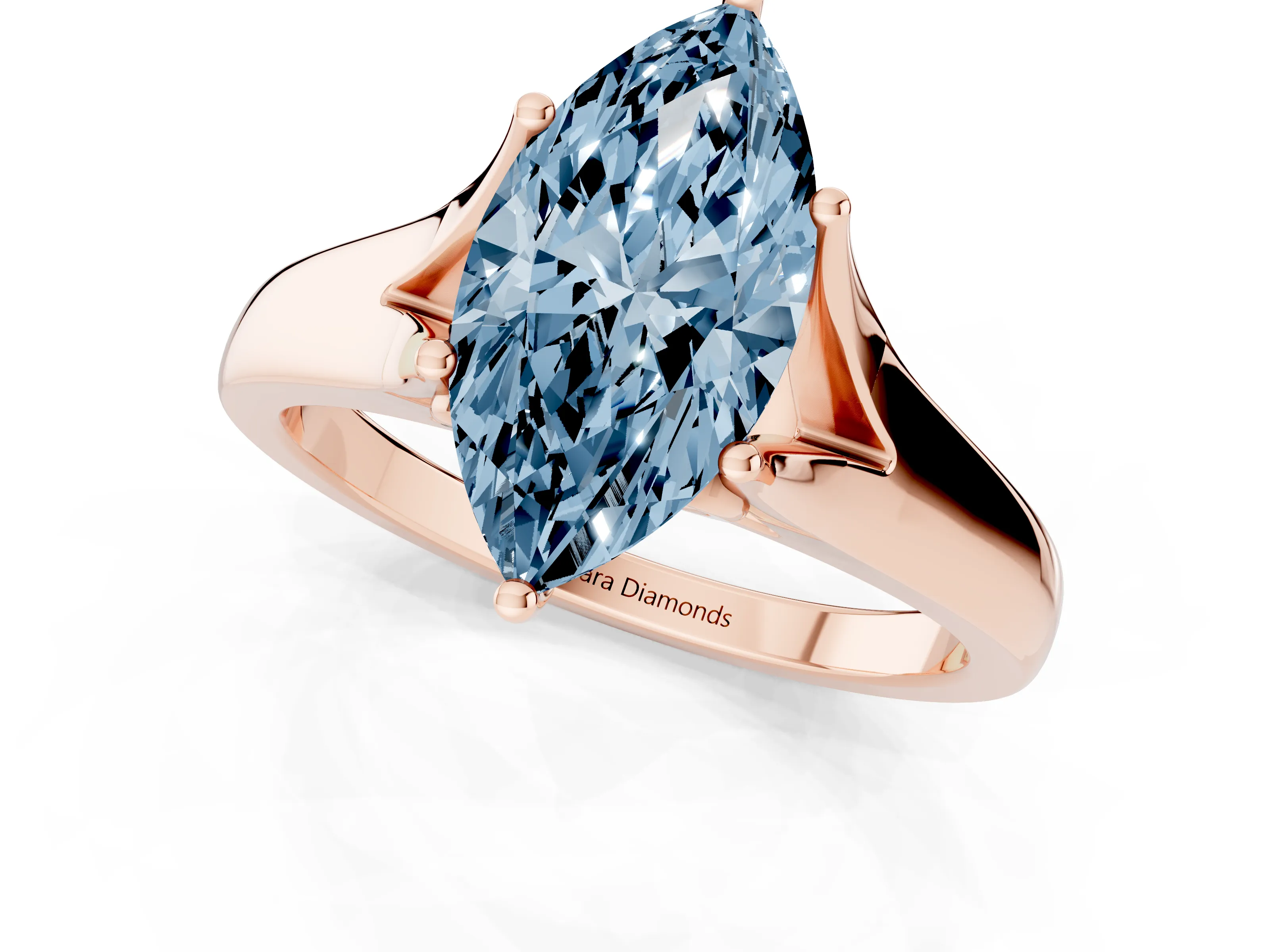 Fancy Blue Marquise Cut Diamond Solitaire Ring Set in Rose gold with Arched Cathedral Band and Prong Setting