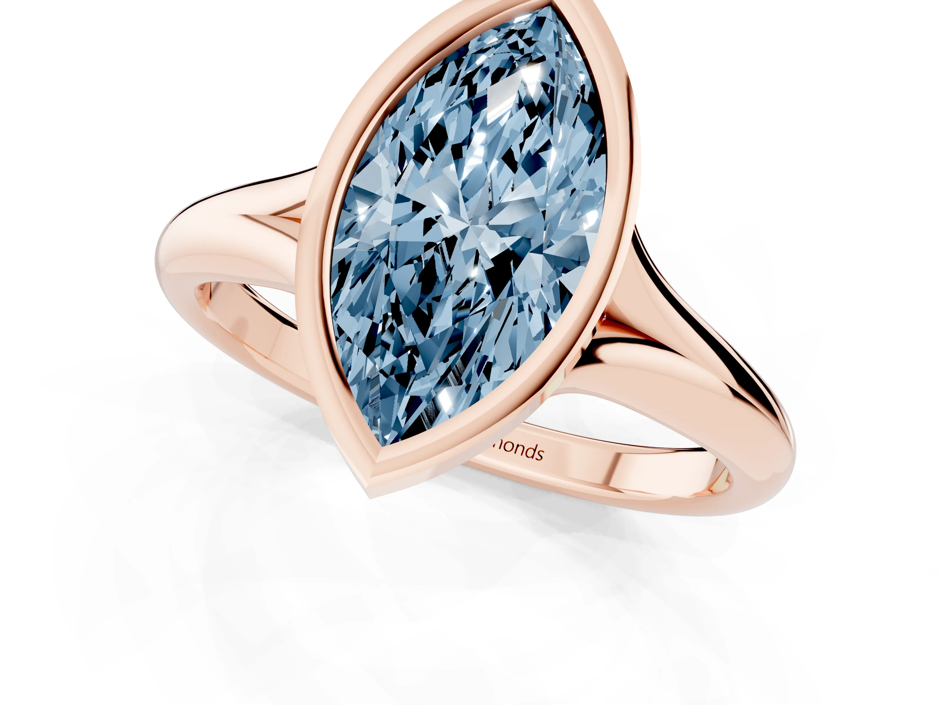 Fancy Blue Bezel Set Marquise Cut Diamond Solitaire Ring Set in Rose gold with Smooth Band
