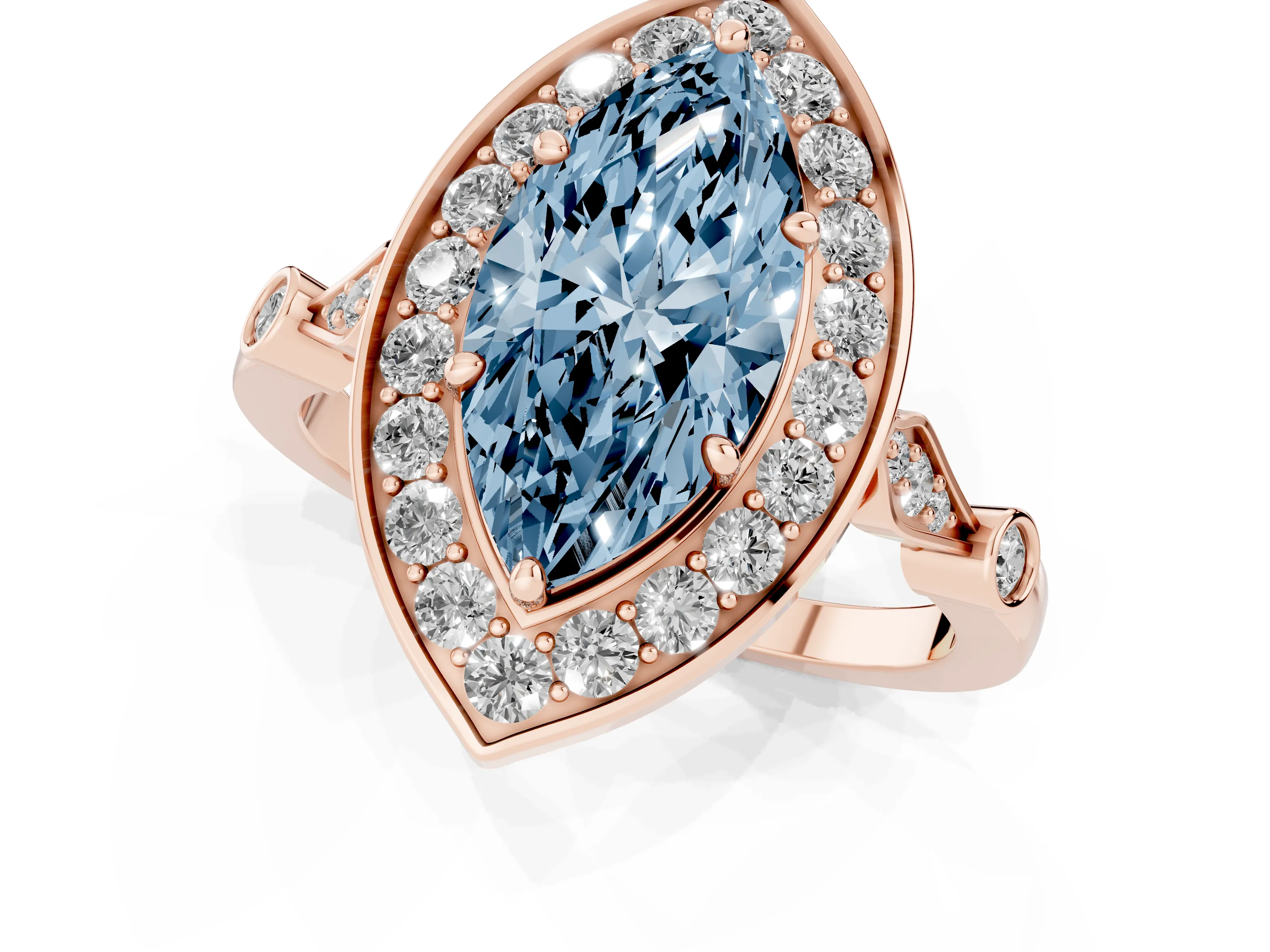 Fancy Blue Marquise Cut Diamond Halo Engagement Ring Set in Rose gold with Twisted Band and Prong Setting