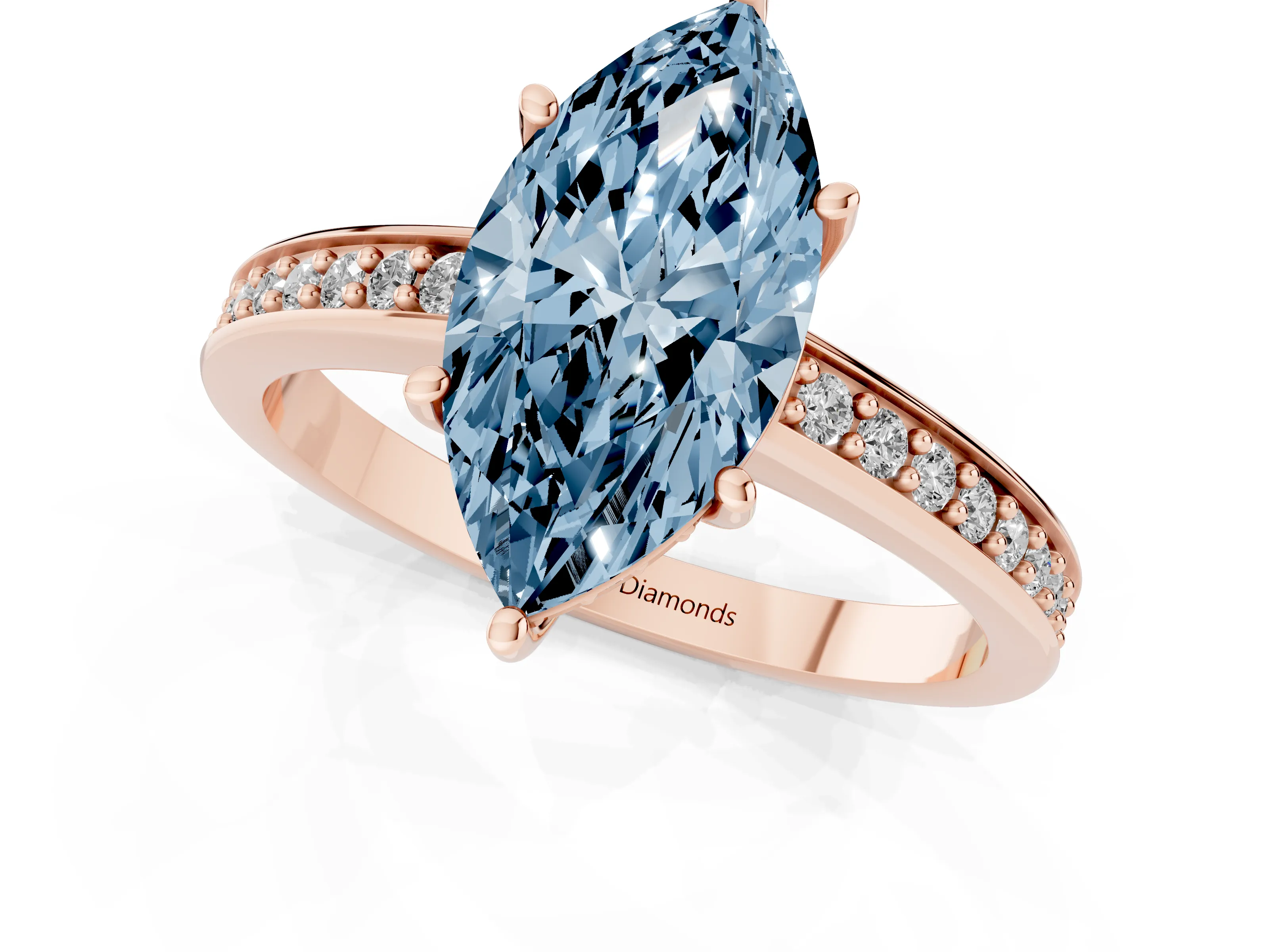 Fancy Blue Marquise Cut Diamond Pavé Band Prong Set Solitaire Ring Set in Rose gold
