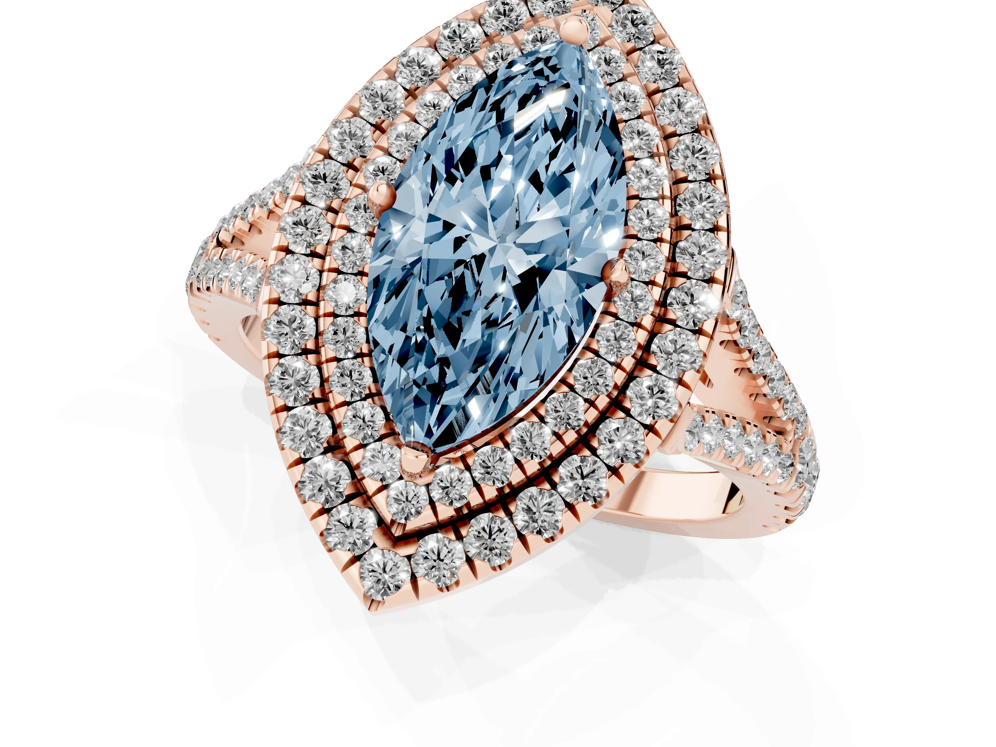 Fancy Blue Marquise Cut Diamond Double Halo Ring Set in Rose gold with Pavé Band
