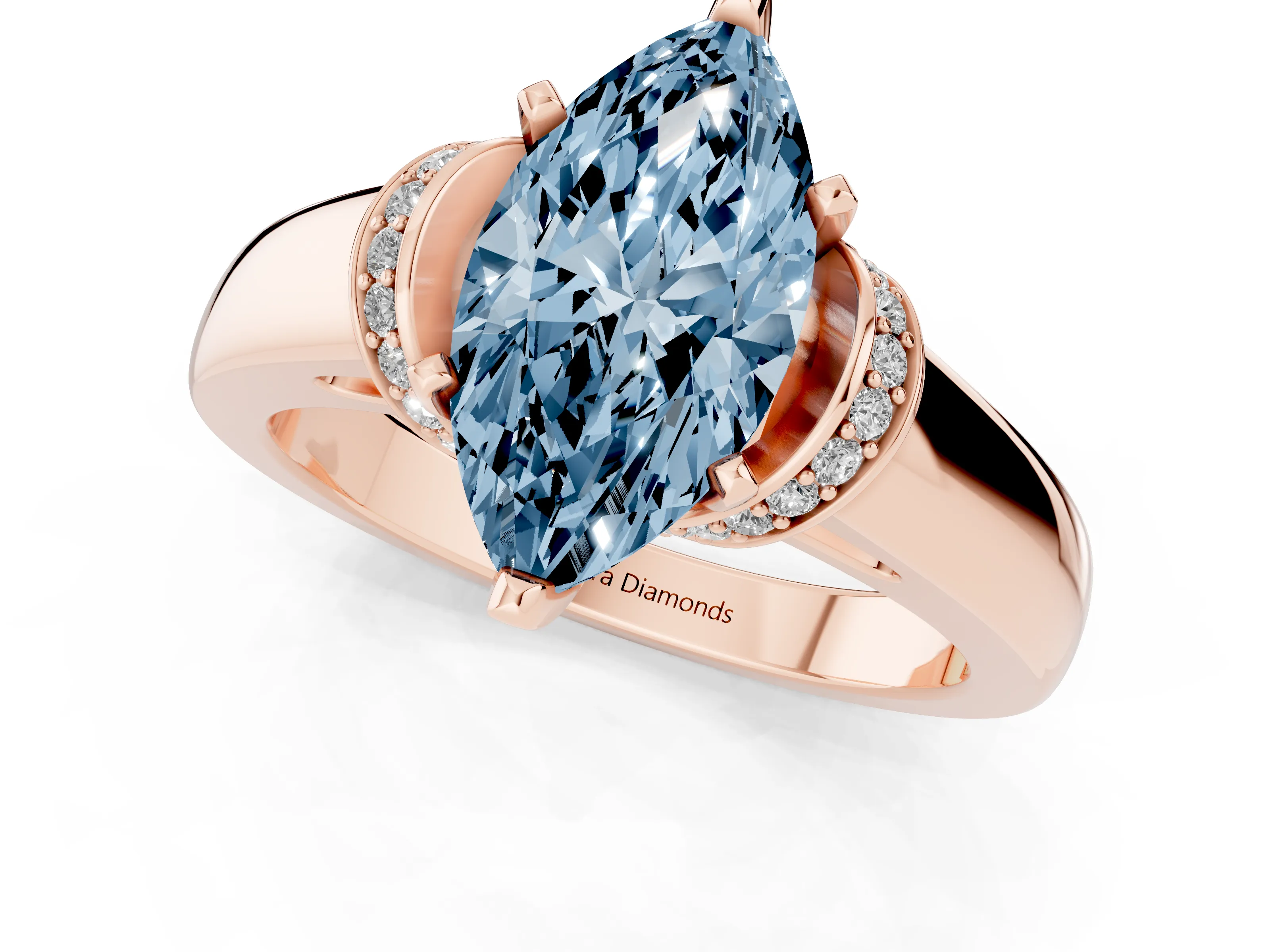 Fancy Blue Marquise Cut Diamond Pavé Band Solitaire Ring Set in Rose gold with Prong Setting