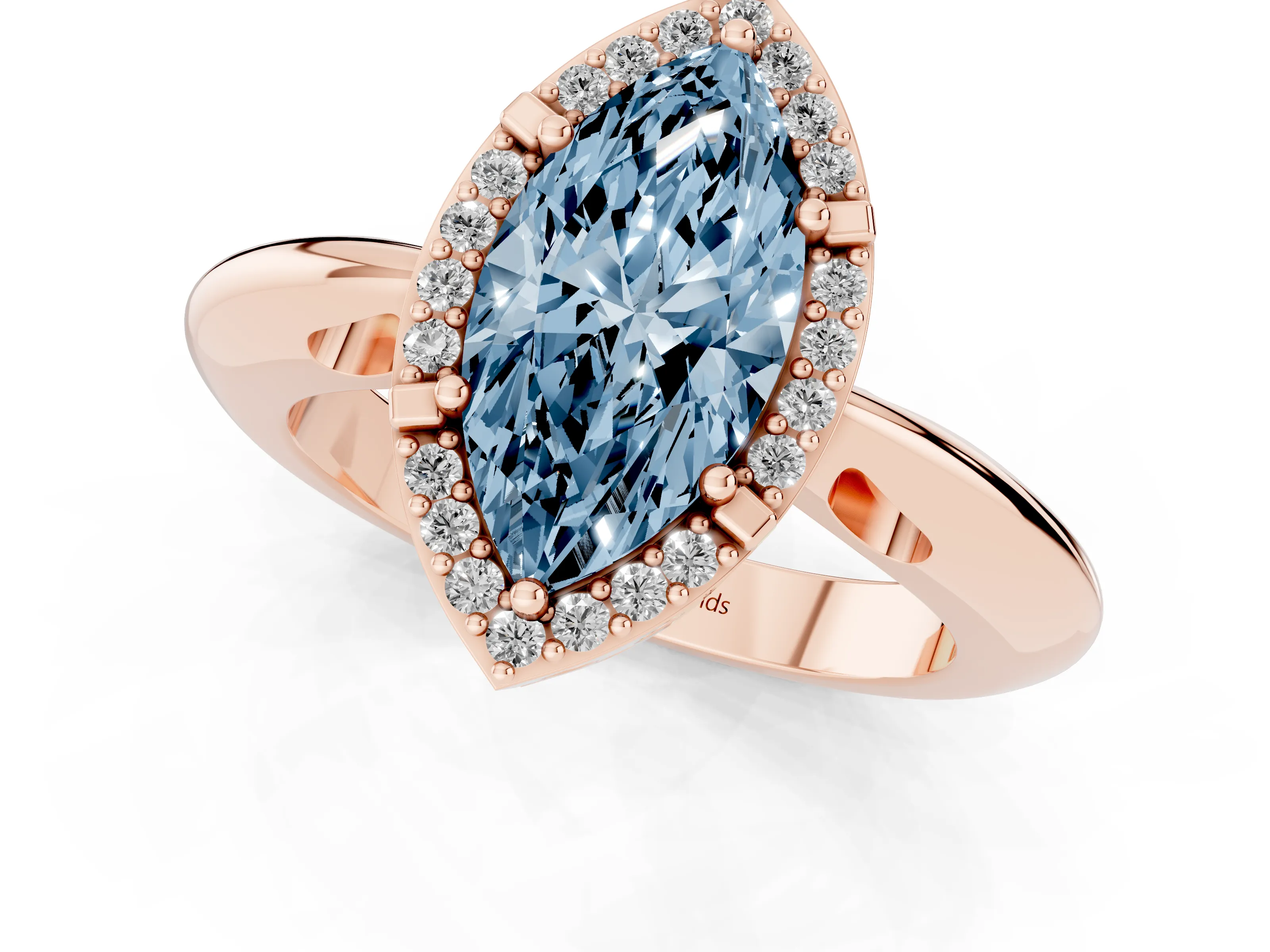 Fancy Blue Marquise Cut Diamond Halo Engagement Ring Set in Rose gold with Plain Split Shank and Prong Setting