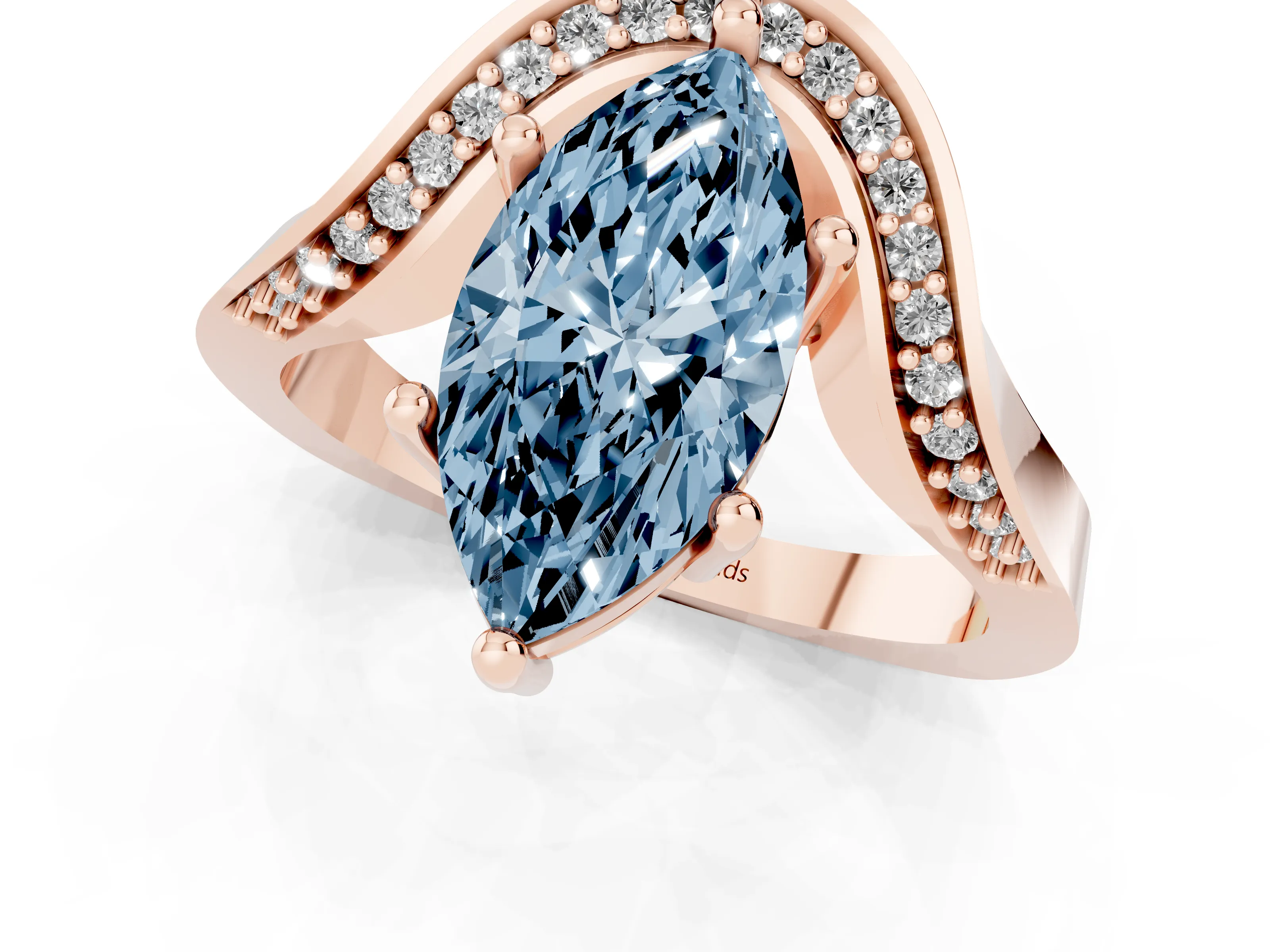 Fancy Blue Marquise Cut Diamond Solitaire Engagement Ring Set in Rose gold with Pavé Shoulders