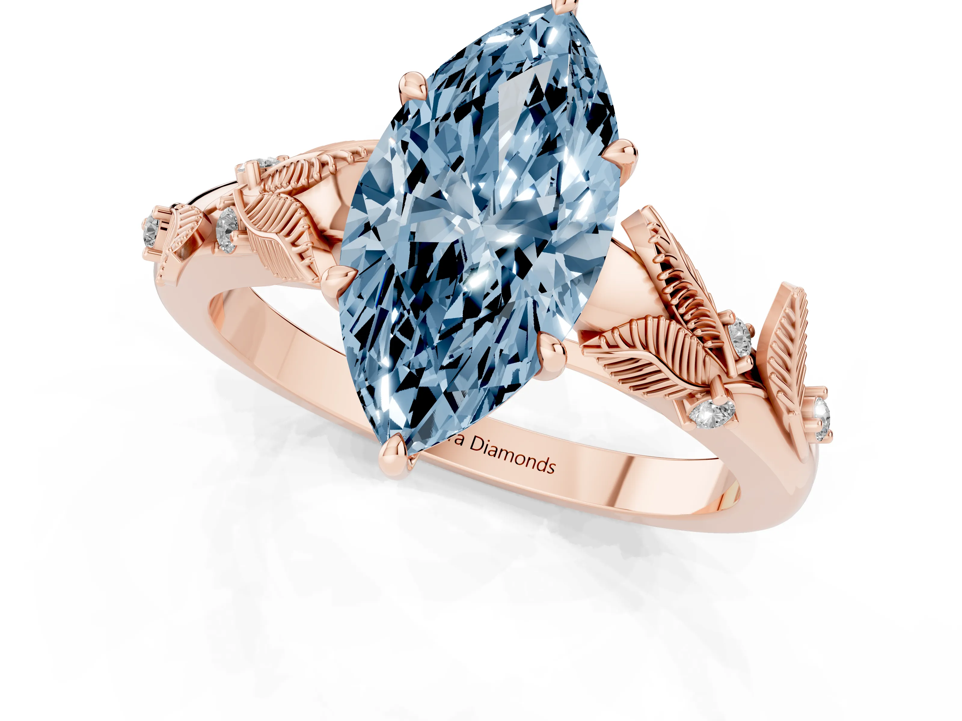 Fancy Blue Marquise Cut Diamond Solitaire Ring Set in Rose gold with Leaf Motif Band