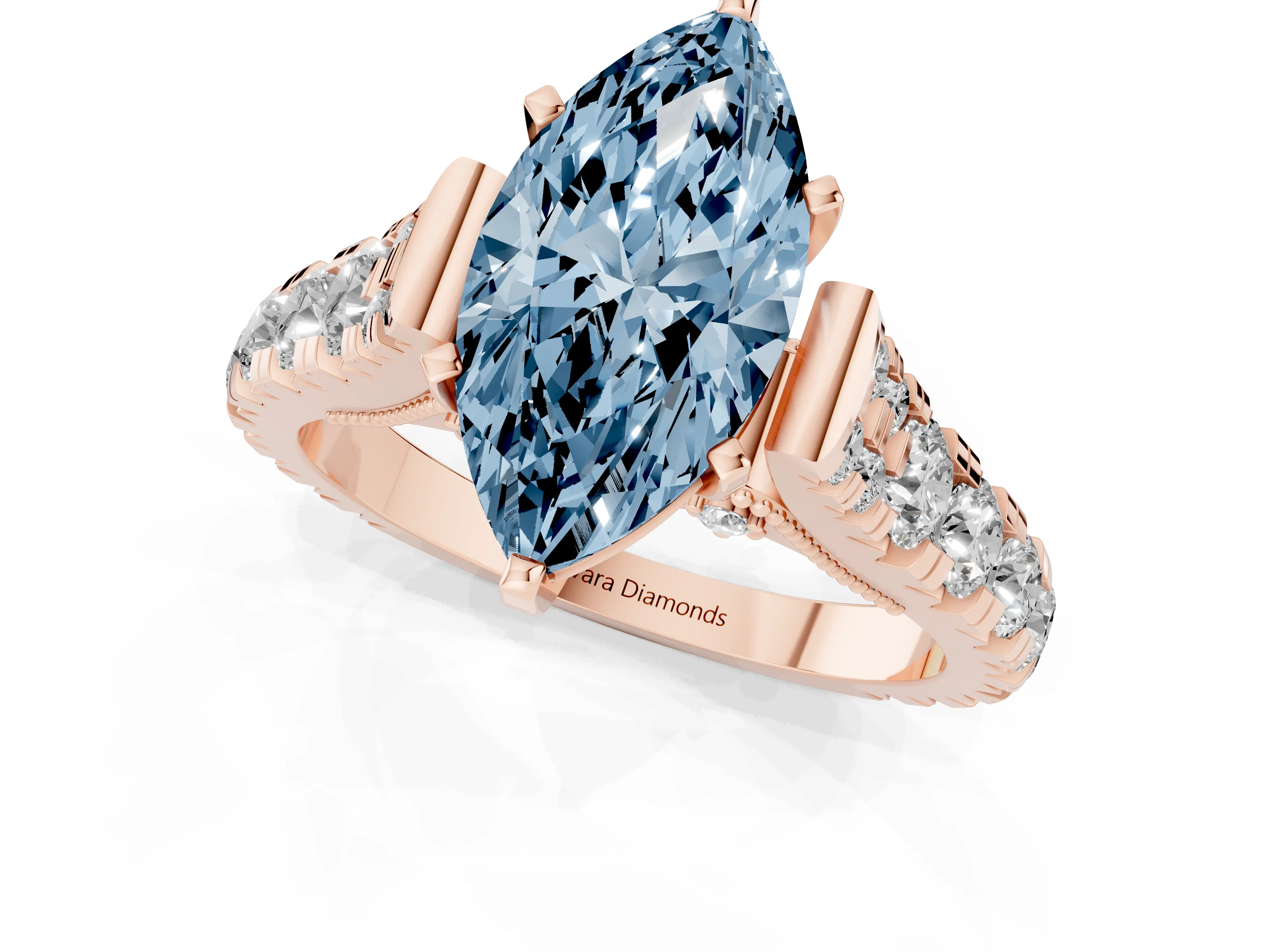 Fancy Blue Marquise Cut Diamond Classic Solitaire Ring Set in Rose gold with Pavé Band and Prong Setting