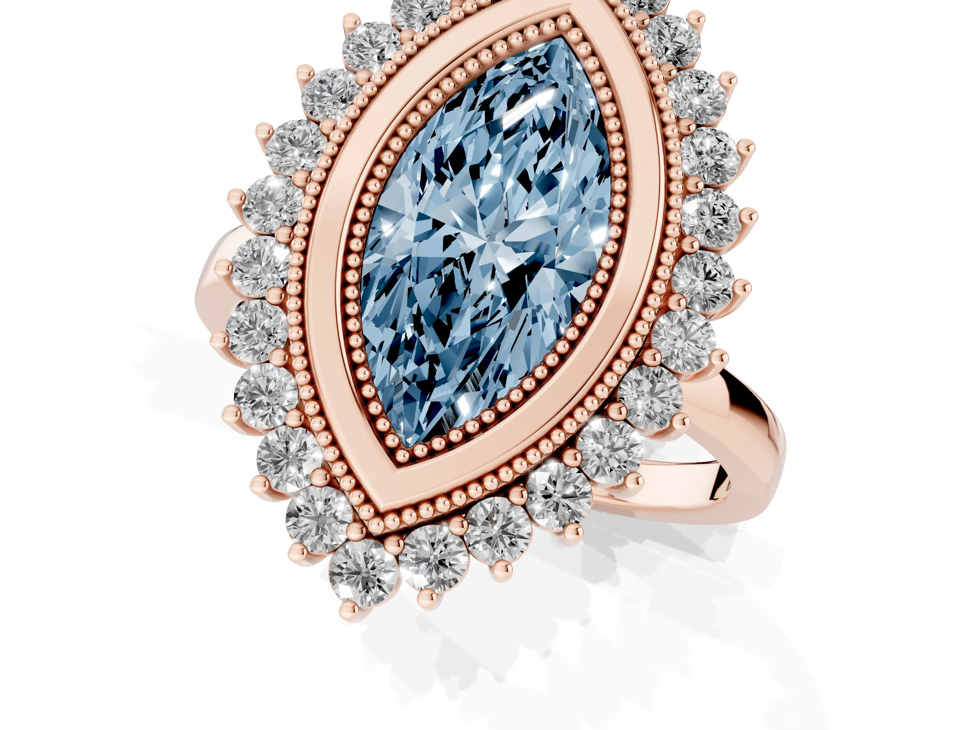Fancy Blue Marquise Cut Diamond Halo Ring Set in Rose gold with Milgrain Edge and Round Prong Setting