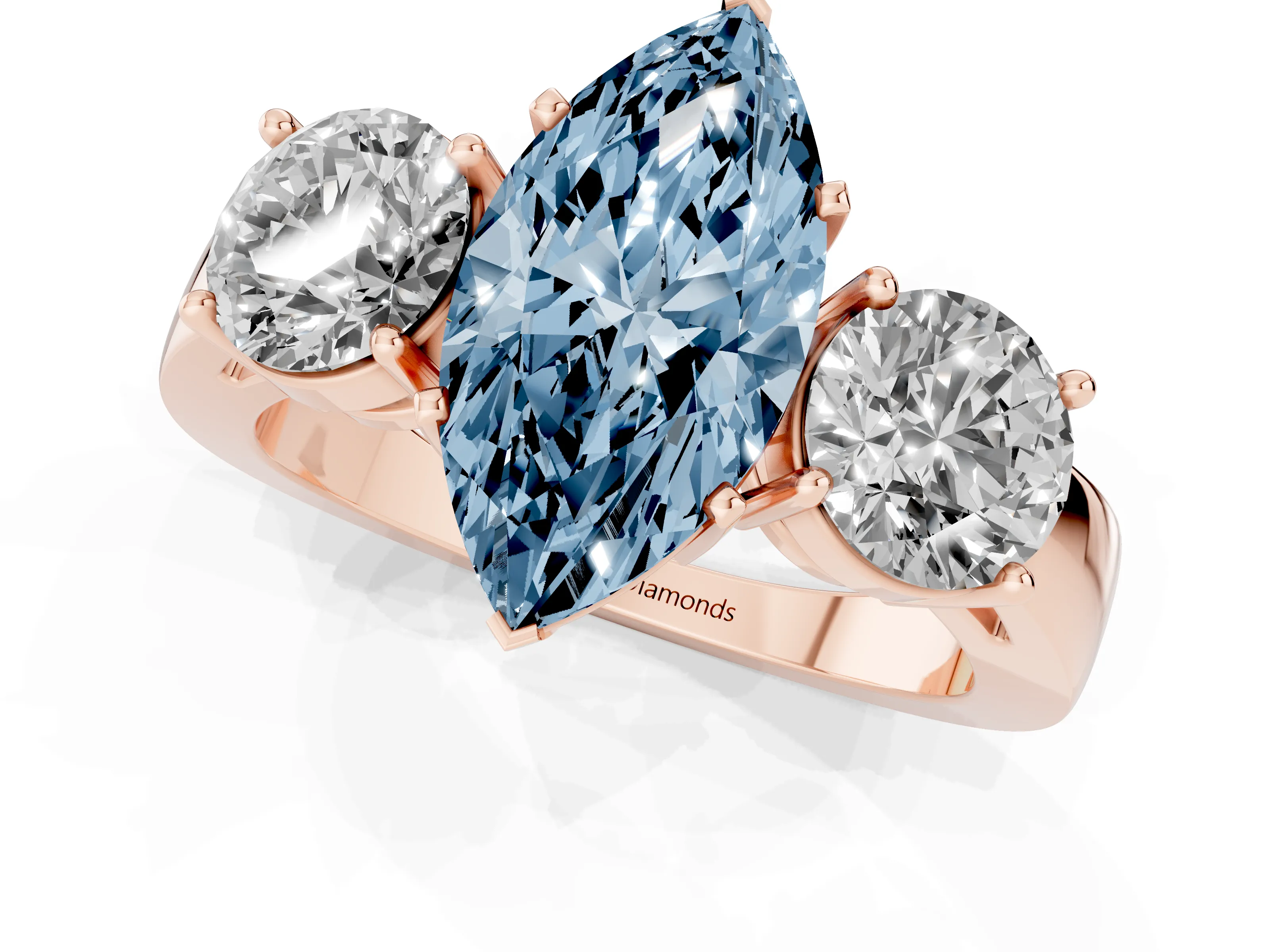Fancy Blue Marquise Cut Diamond Three-Stone Ring Set in Rose gold with Round Side Stones and Classic Band