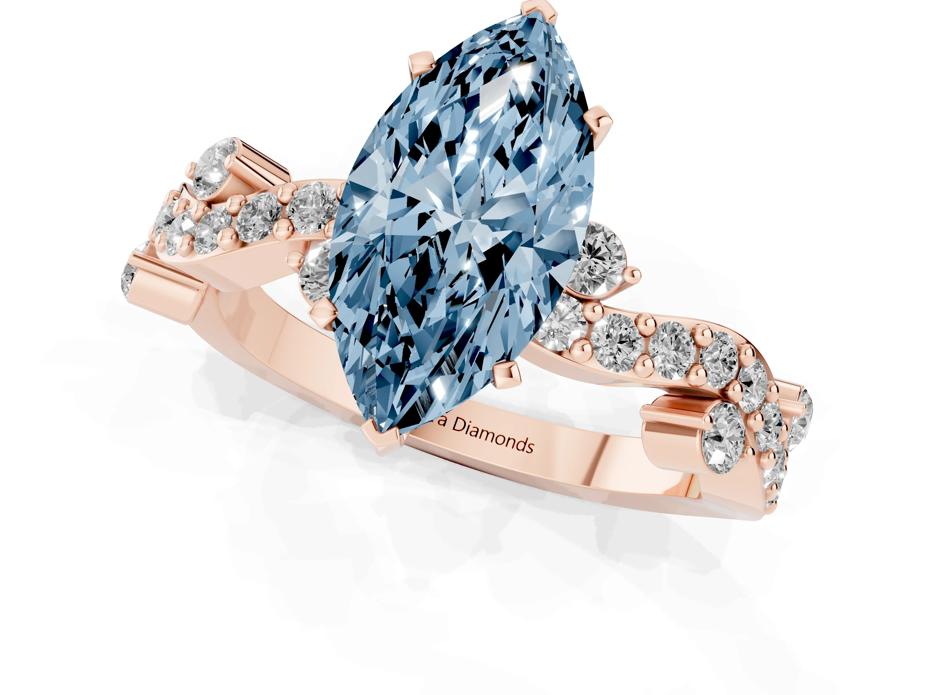 Fancy Blue Marquise Cut Diamond Solitaire Twisted Band Set in Rose gold with Pavé Setting